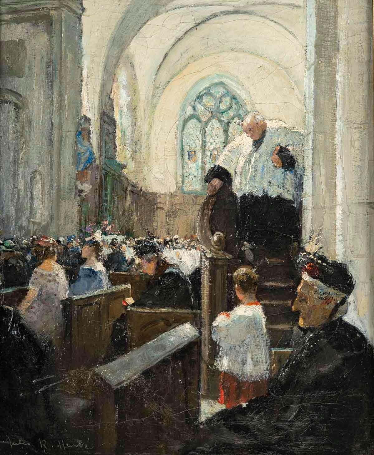 Painting of a village mass by Jules-René Hervé, early 20th century.

Painting by Jules-René Hervé ( 1887-1981) of a village mass, religious painting, early 20th century.

h: 60cm, w: 53cm, d: 4cm