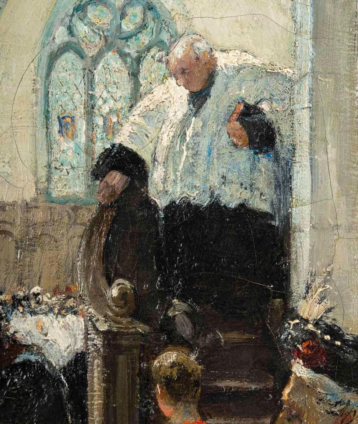 Art Nouveau Painting of a Village Mass by Jules-René Hervé, Early 20th Century.