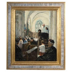 Painting of a Village Mass by Jules-René Hervé, Early 20th Century.