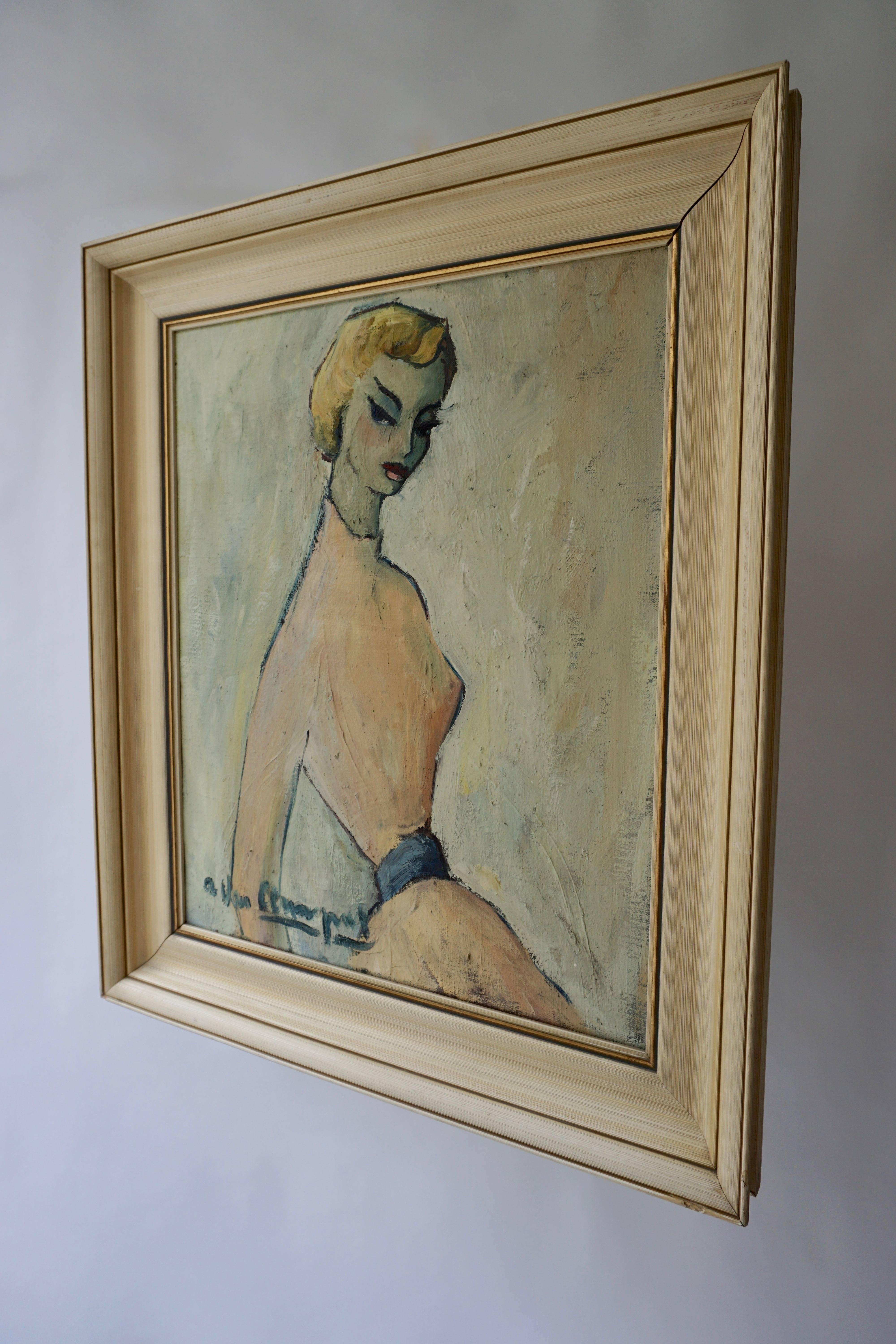 Painting of a woman by A Van Leemput.
Belgium.
Height painting without frame 57 cm - width 48 cm.
 