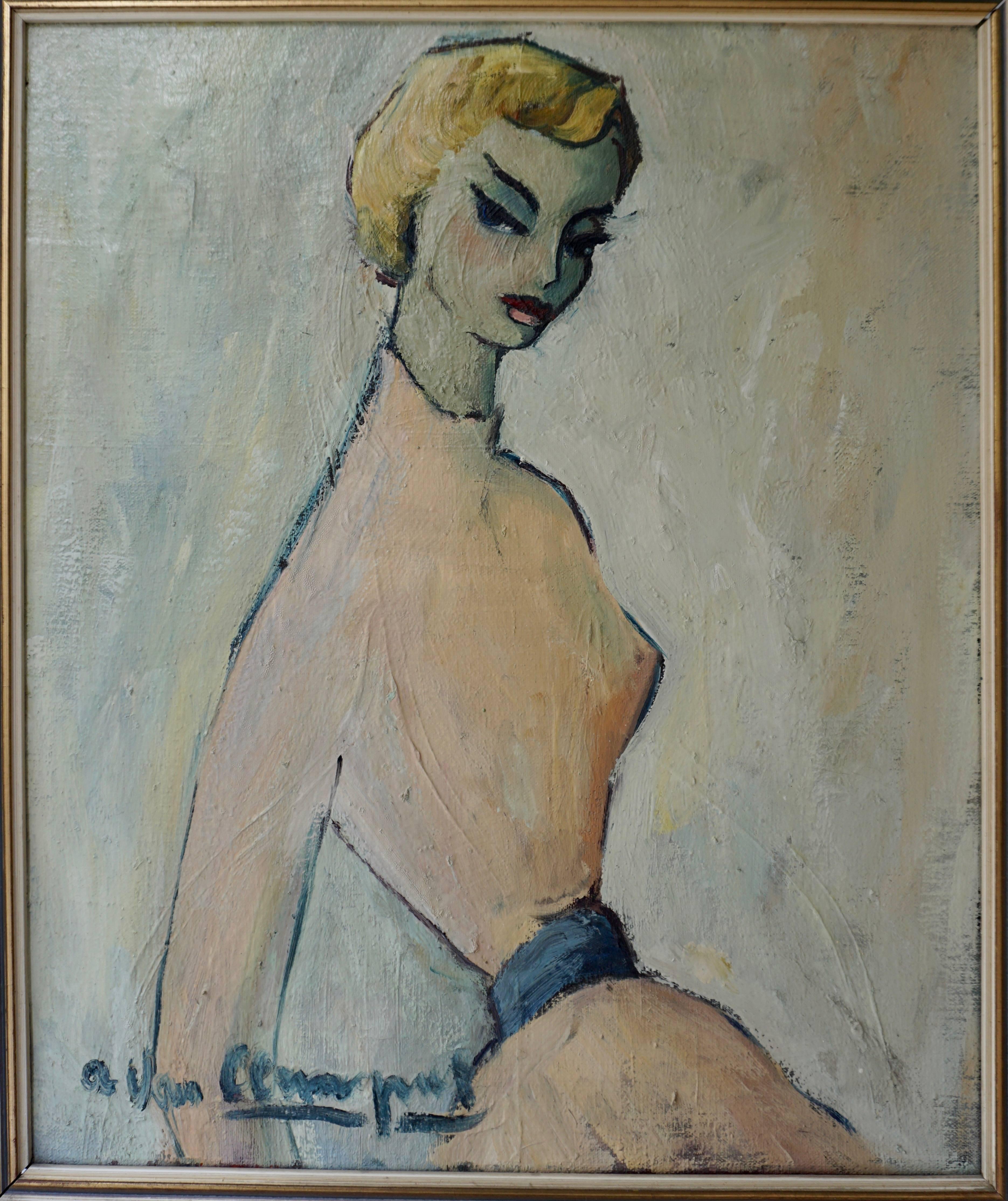 Mid-Century Modern Painting of a Woman by a Van Leemput