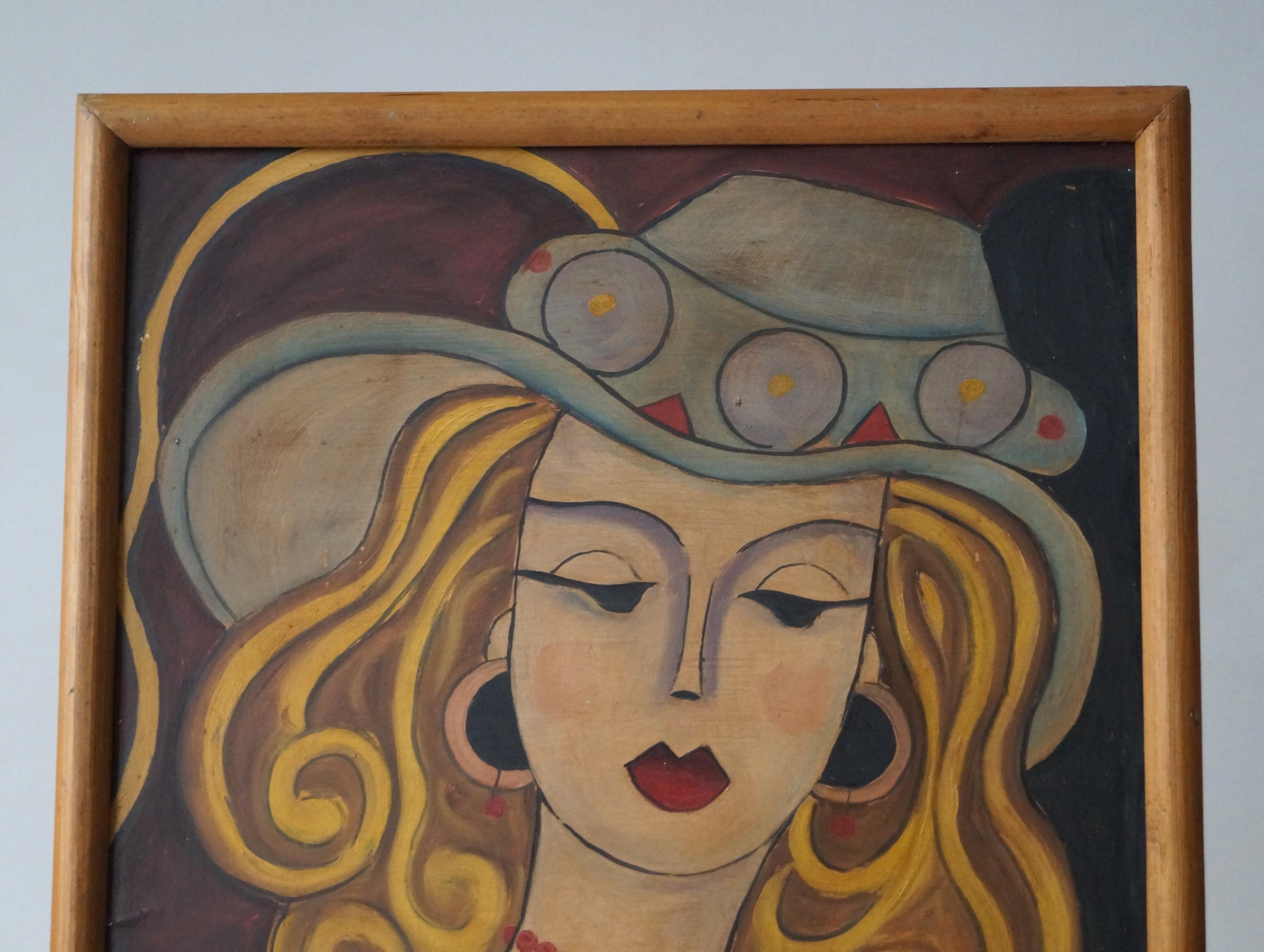 Painting of a woman in a hat by Hugó Scheiber, oil on Isorel board, 1930s For Sale 1