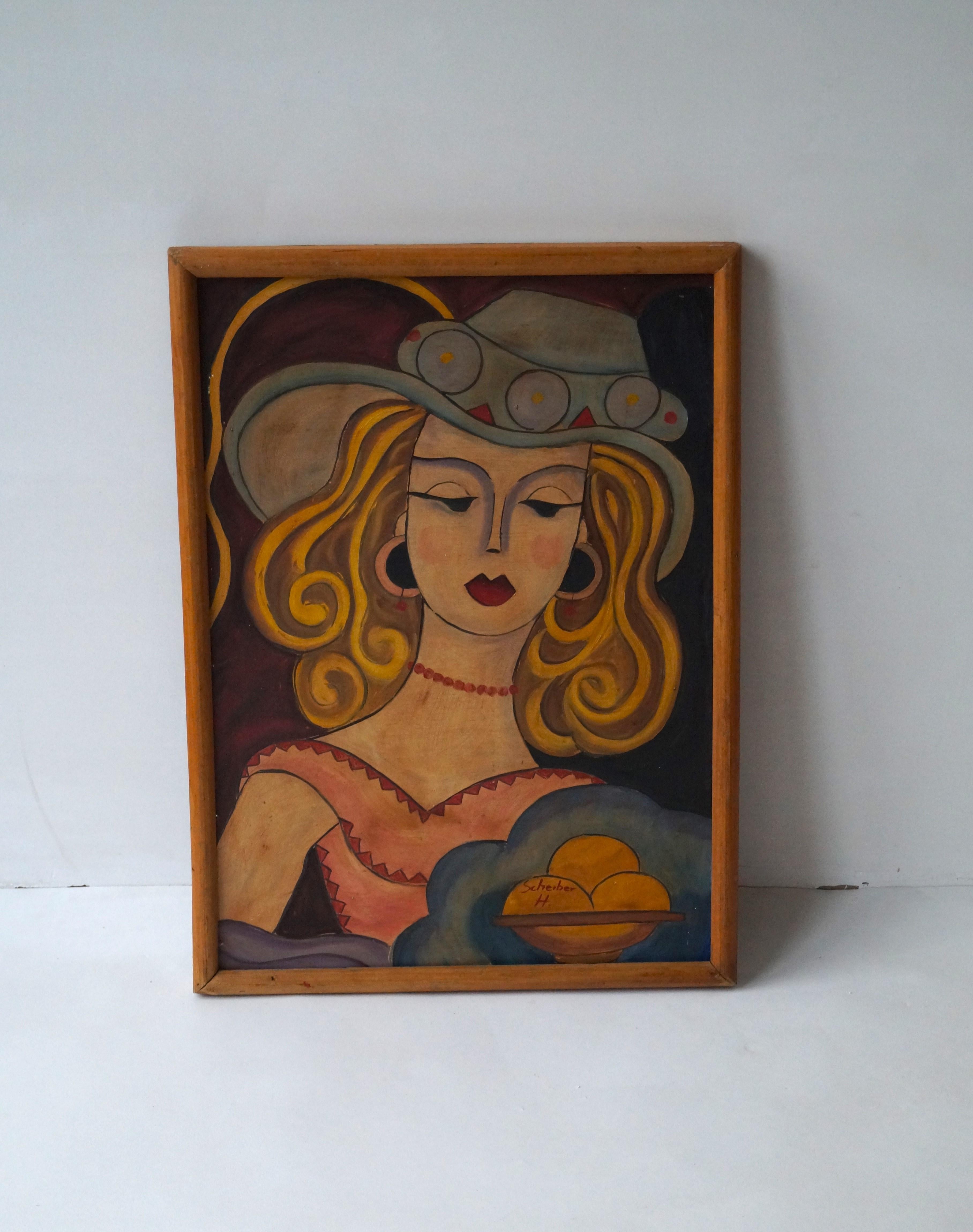 Painting of a woman in a hat by Hugó Scheiber, oil on Isorel board, 1930s For Sale 8