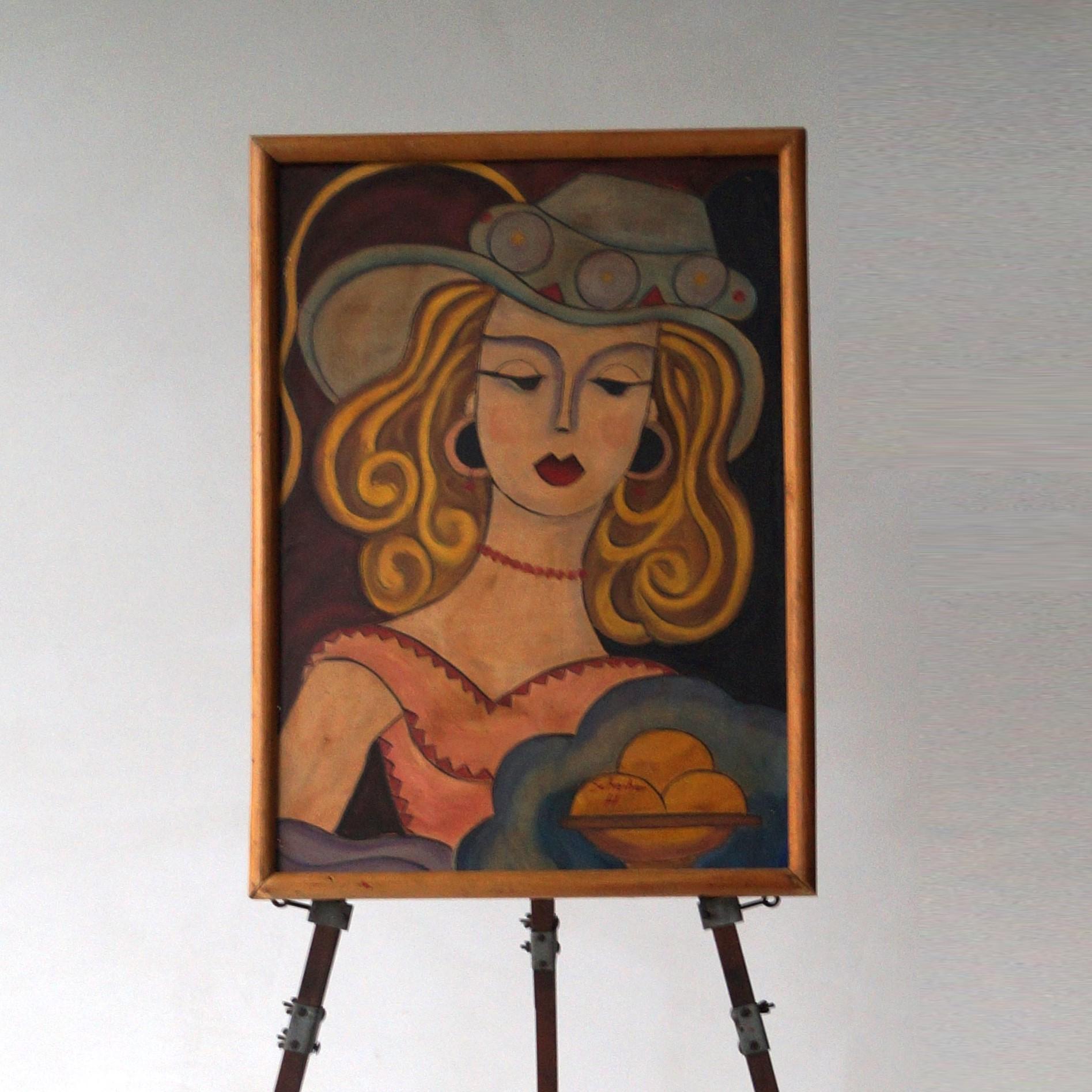 Une peinture particulièrement atmosphérique d'une femme au chapeau, à l'huile sur panneau d'Isorel. Date estimée autour de 1930. Signé H. Scheiber.  Il s'agit d'un tableau assez grand qui présente les couleurs et les formes caractéristiques, ainsi