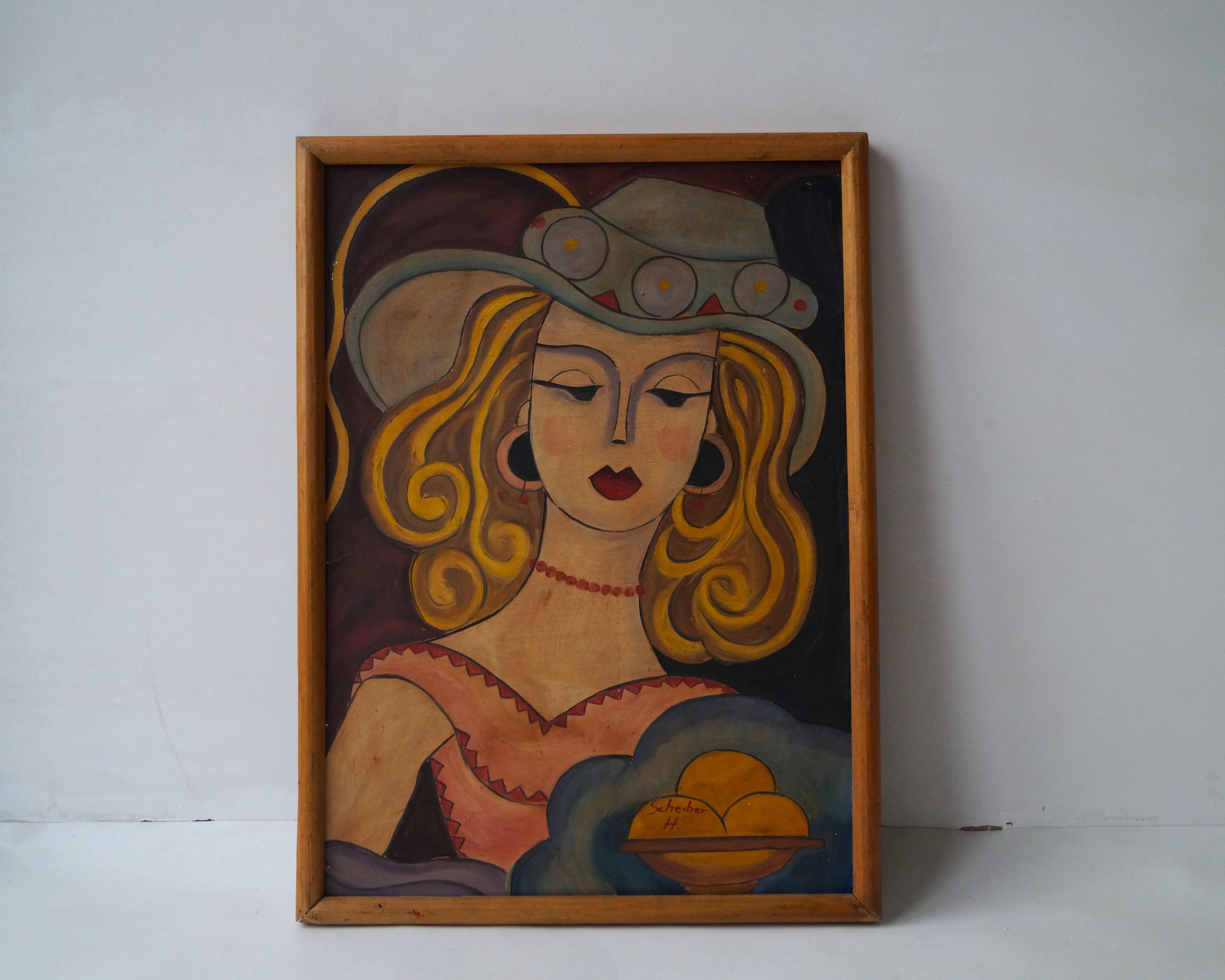Gemälde einer Frau mit Hut von Hugó Scheiber, Öl auf Isorelkarton, 1930er Jahre (Art déco) im Angebot