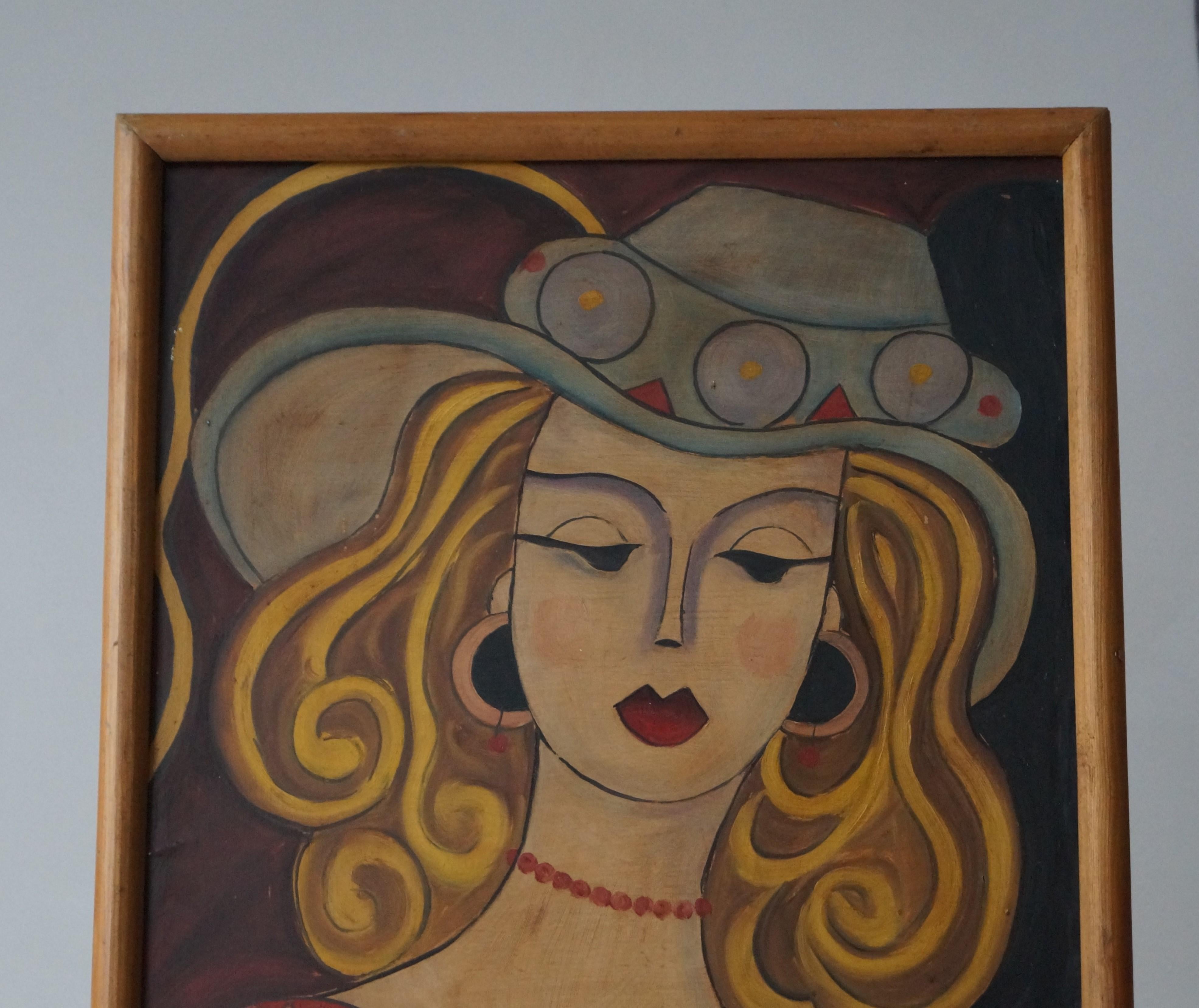 Art Deco Painting of a woman in a hat by Hugó Scheiber, oil on Isorel board, 1930s For Sale