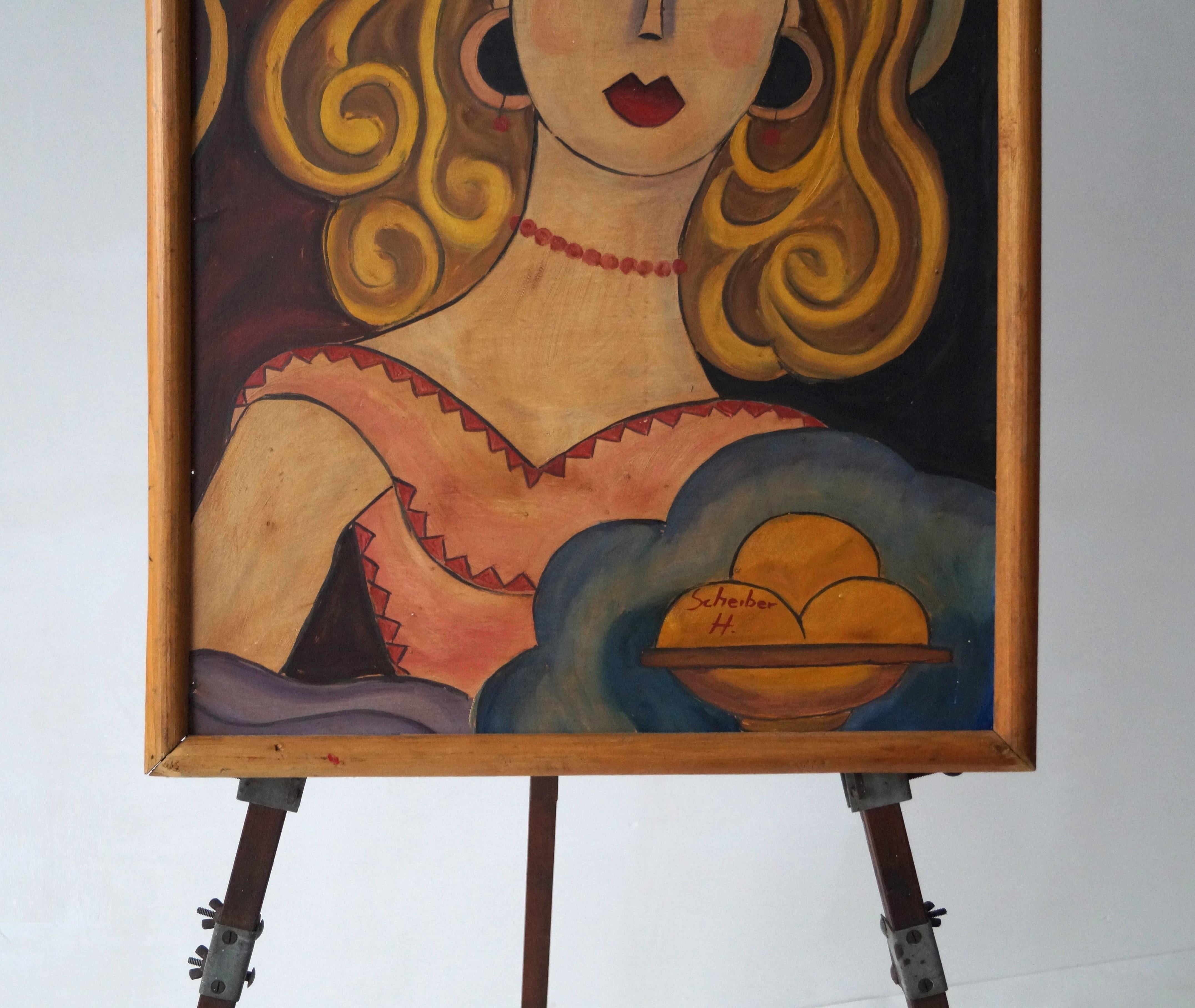 Peinture d'une femme au chapeau par Hugó Scheiber, huile sur panneau d'Isorel, années 1930 Bon état - En vente à EVERDINGEN, NL