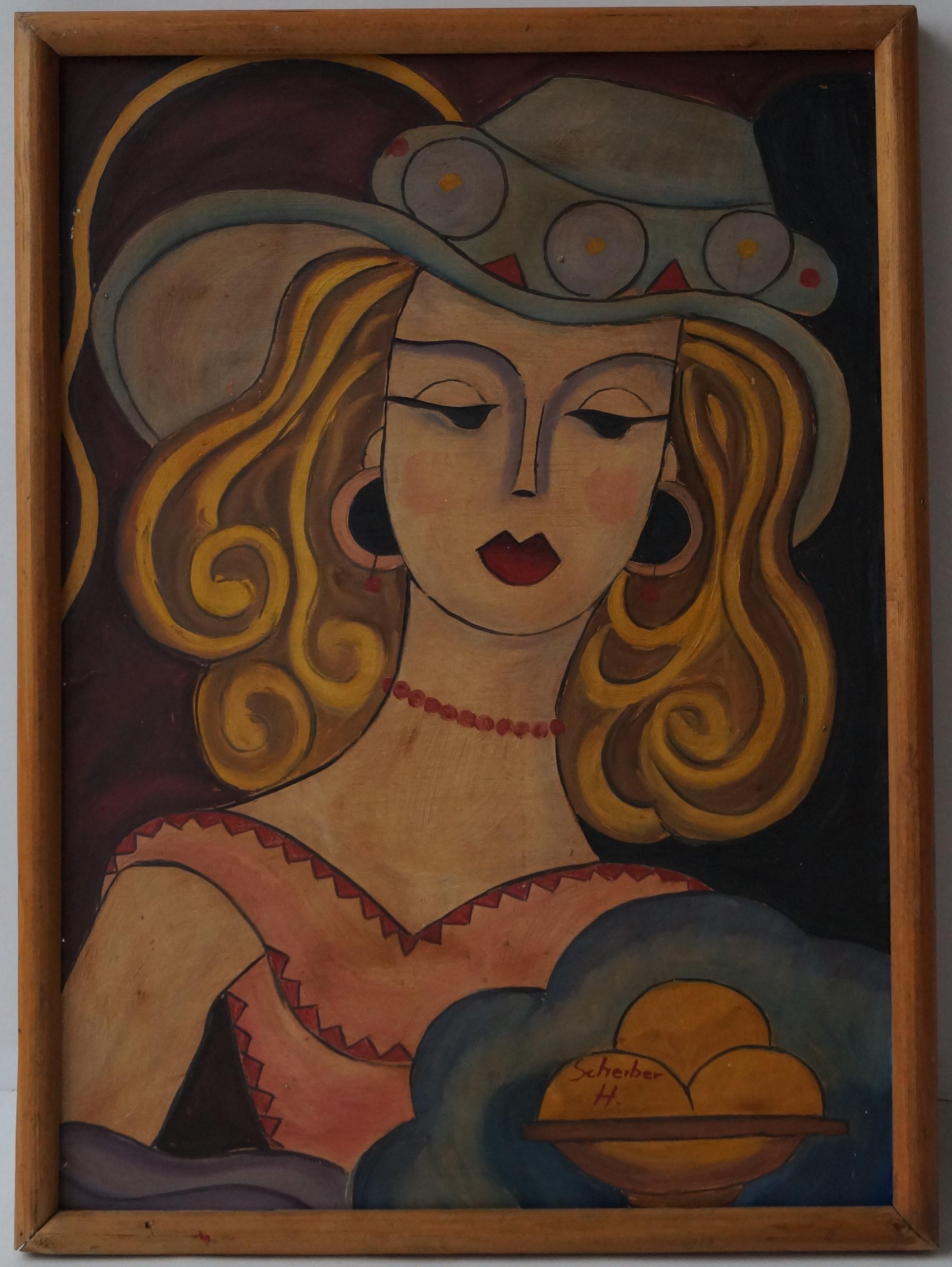 Gemälde einer Frau mit Hut von Hugó Scheiber, Öl auf Isorelkarton, 1930er Jahre (Sonstiges) im Angebot