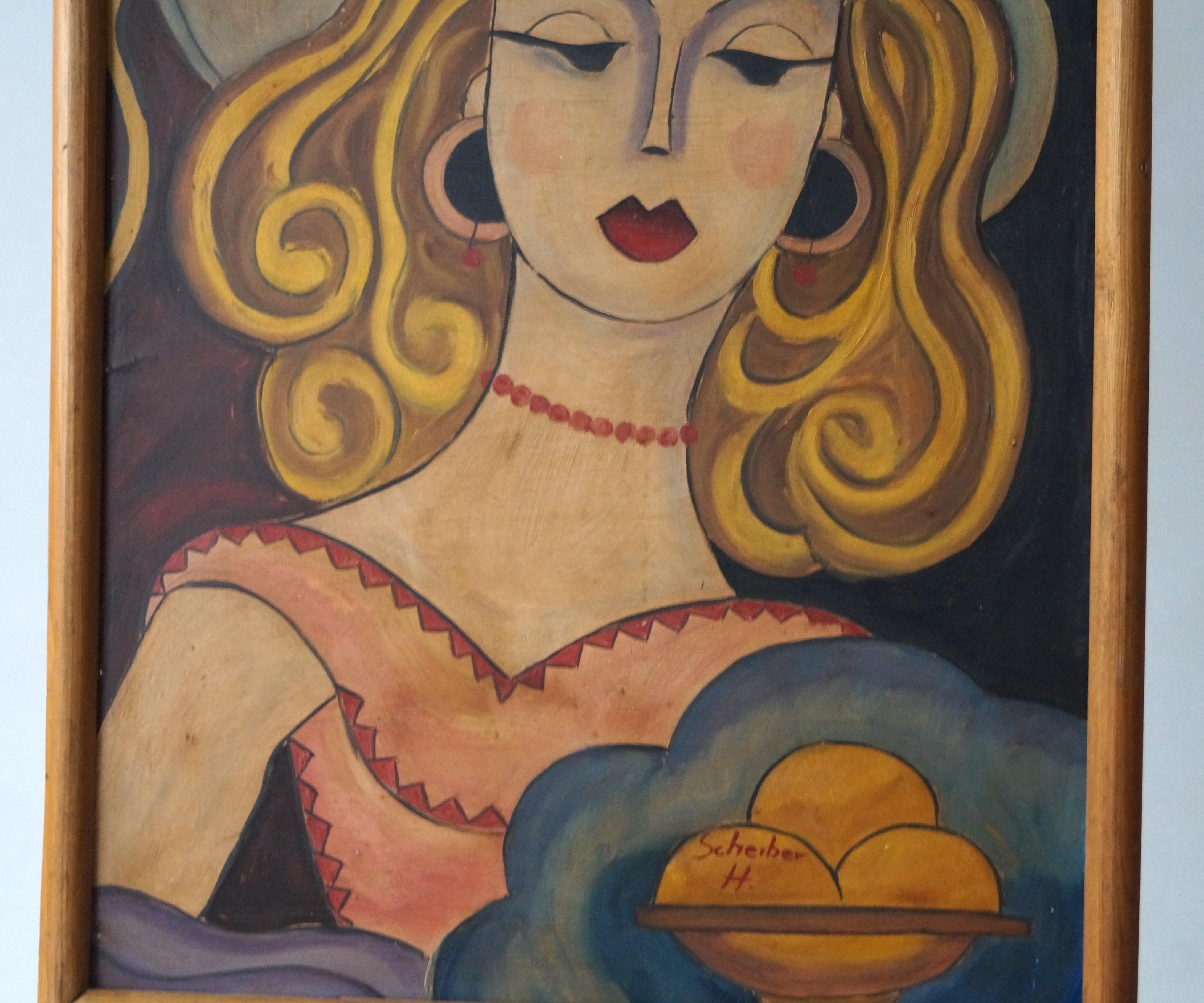Mid-20th Century Painting of a woman in a hat by Hugó Scheiber, oil on Isorel board, 1930s For Sale