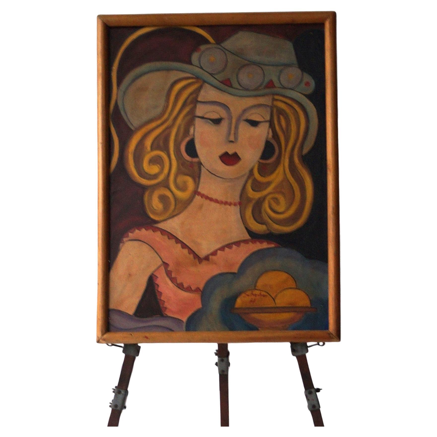 Painting of a woman in a hat by Hugó Scheiber, oil on Isorel board, 1930s