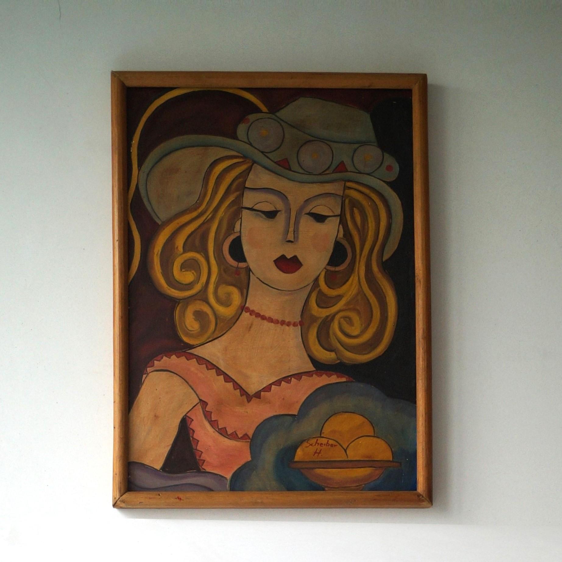 A particularly atmospheric painting of a woman with a hat, in oil on Isorel board. Date estimated around 1930. Signed H. Scheiber.  It's quite a large painting and it has the characteristic colours, shapes and a particularly catchy and attractive