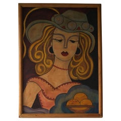 Painting of a woman in a hat by Hugó Scheiber, oil on Isorel board, 1930s