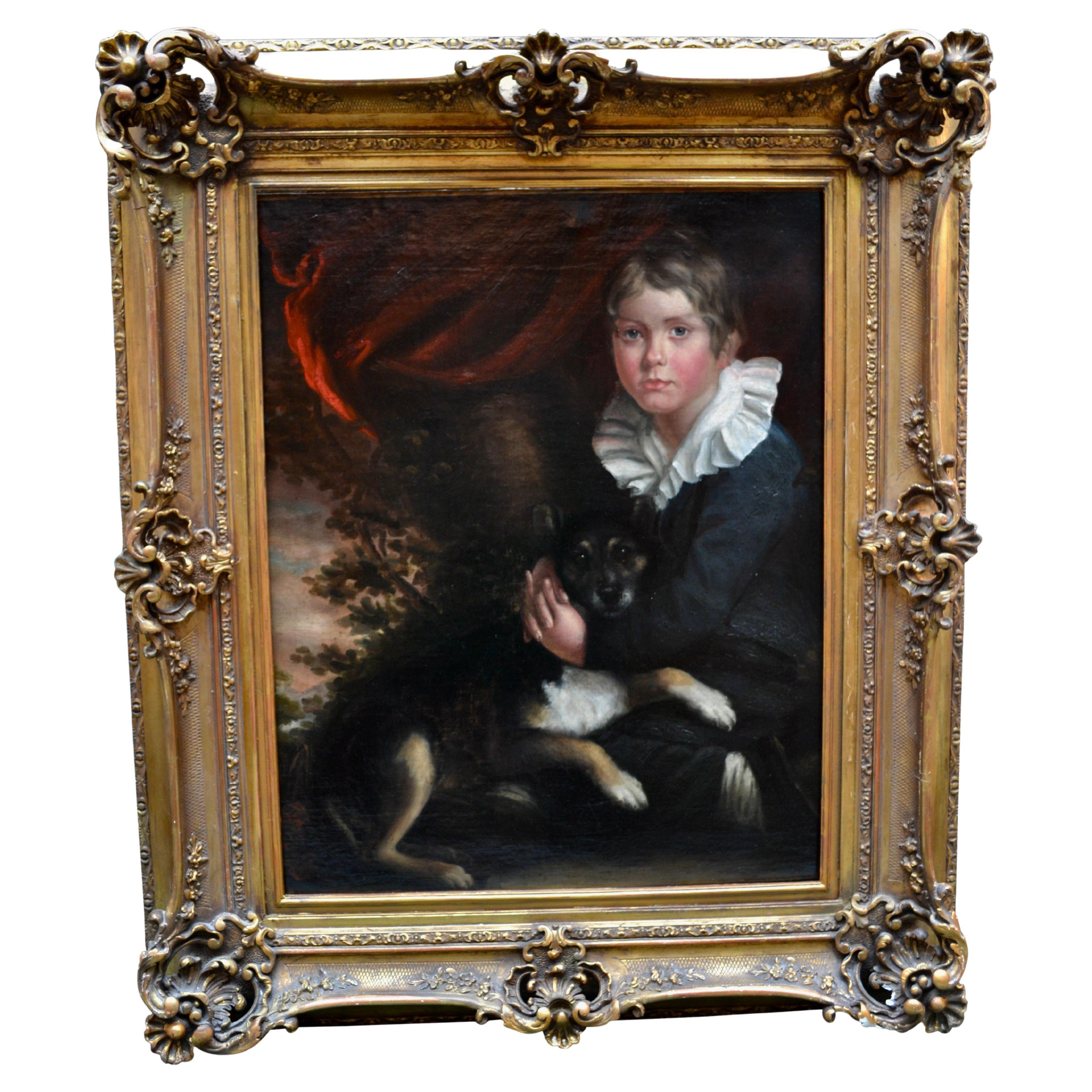 The oil painting on canvas is of a young boy 'hugging' his dog, which lies on the boy's lap. It is very much in the style of the Scottish painter Henry Raeburn. The boy is dressed in an early 19th century style dark suit having a white frilly
