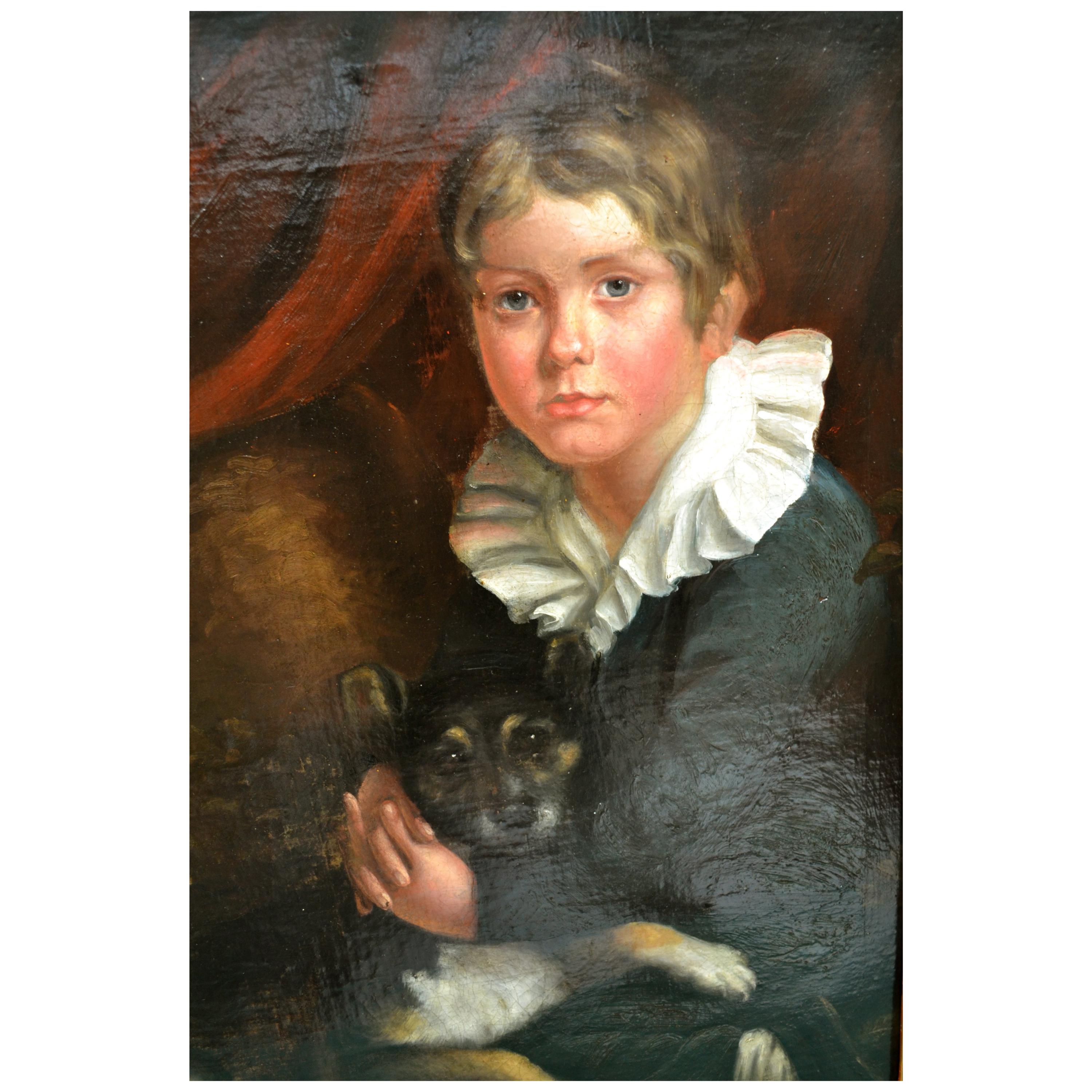 Romantic Painting of a Young Boy with His Dog after Henry Raeburn For Sale