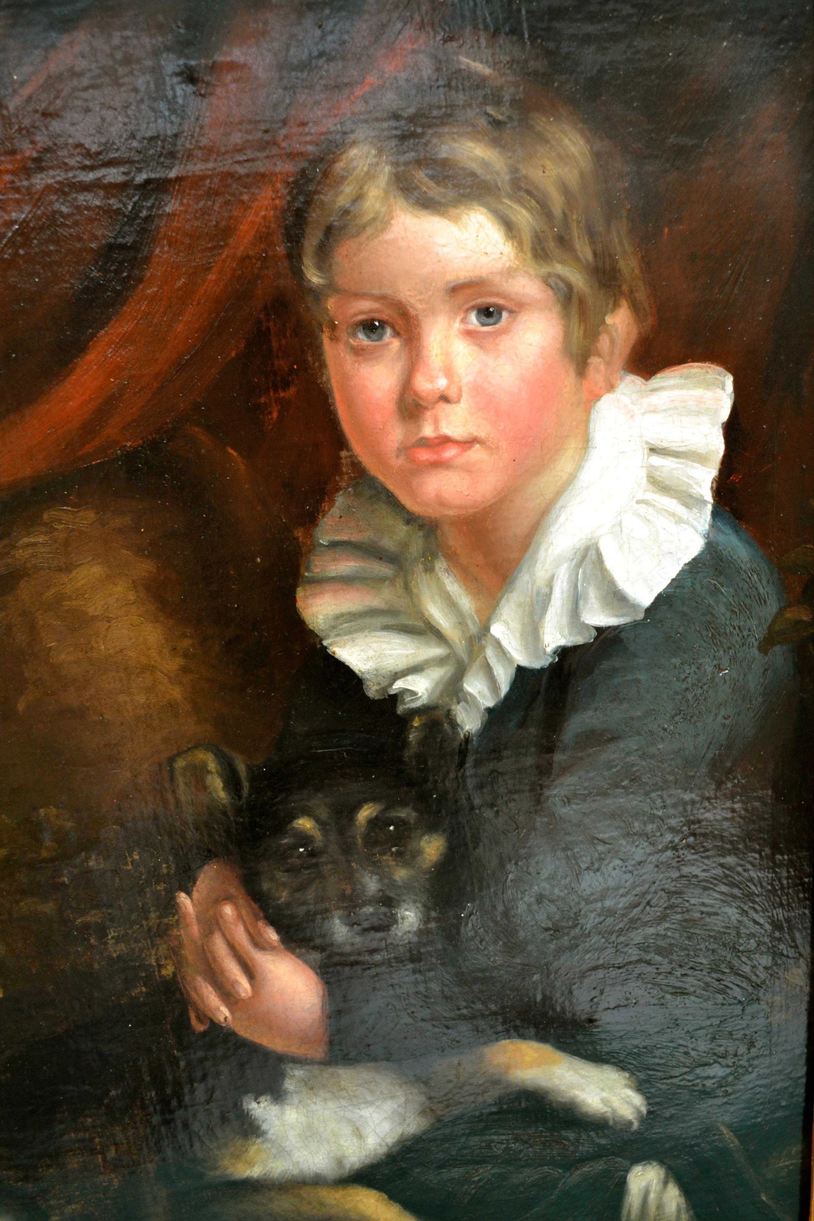Gilt Painting of a Young Boy with His Dog after Henry Raeburn For Sale
