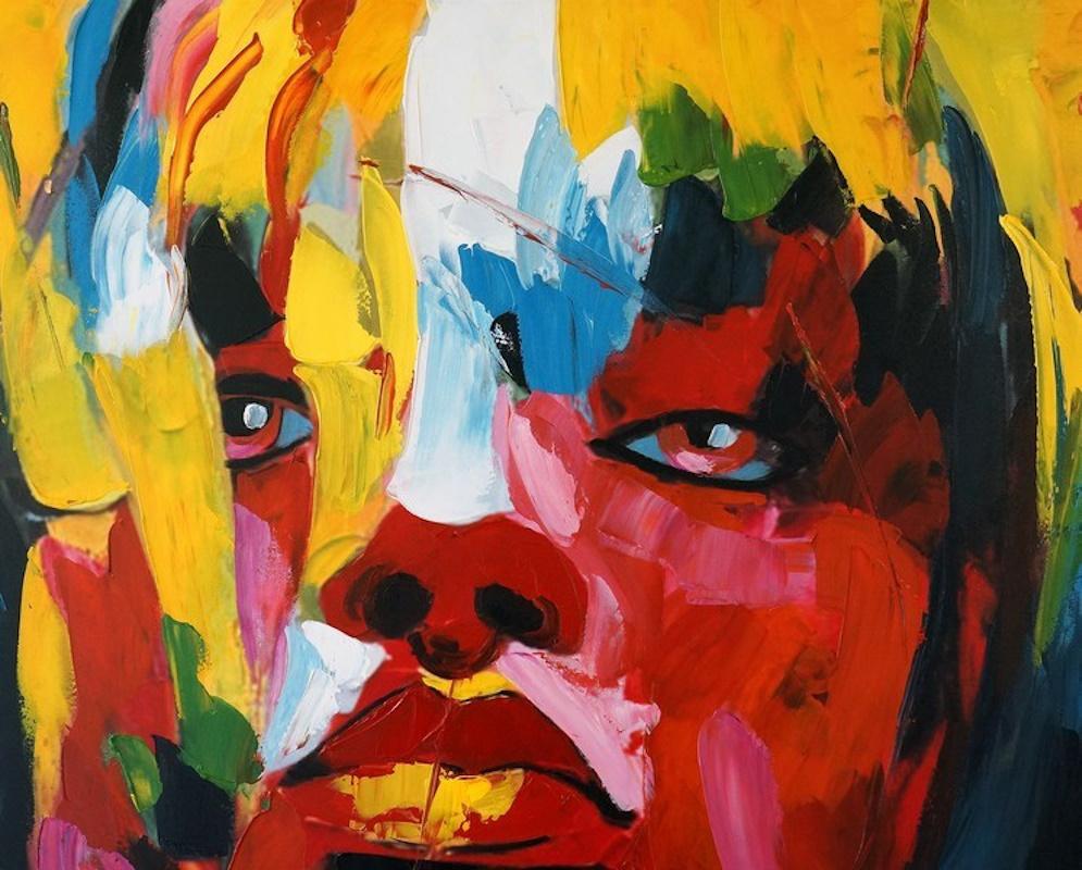Moderno Dipinto di un volto di giovane donna, pittura acrilica, XXI secolo in vendita