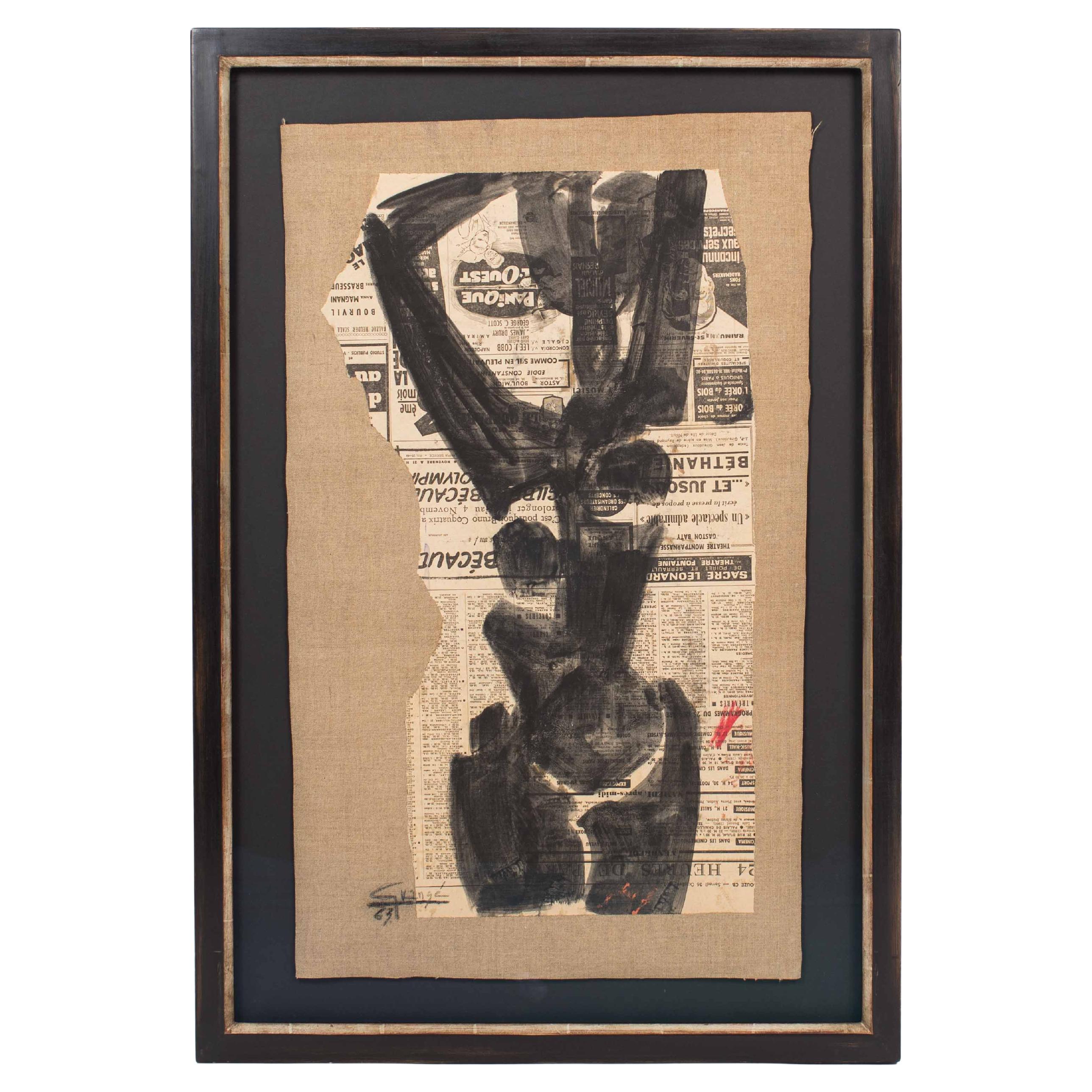 Painting of an Abstract Female Body in Oil on Newspaper by Antonio Guansé 1963