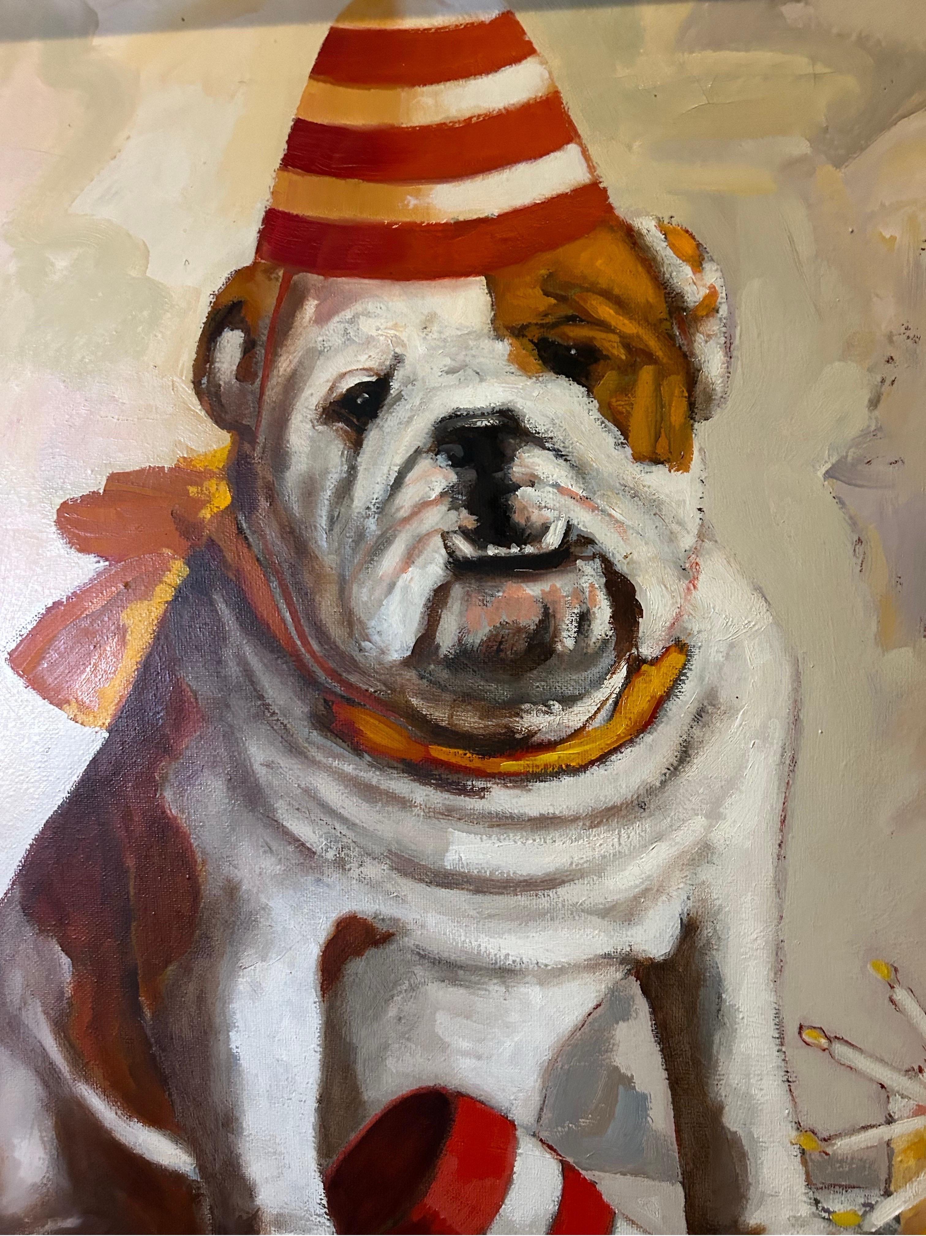 This painting of a bulldog features a happy dog who celebrates a 50th birthday with a cake. It’s a very decorative painting with a beautiful frame . 

The artist is George van van Herwaarde (1938-2011) was born in Haarlem, where he photographed the