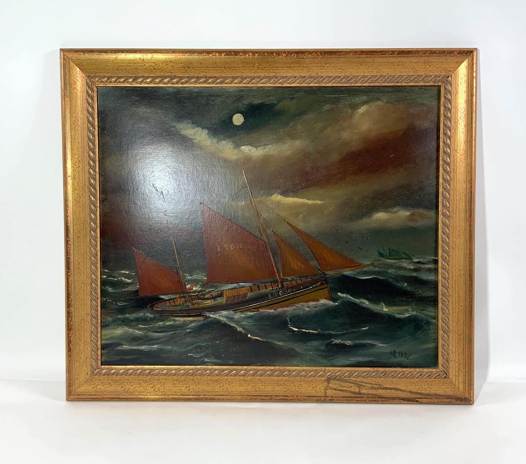 1891 Oil on board of an English fishing trawler sailing through rough seas. Sail of trawler is marked LT636 is under full sail in a full moon with a second similar vessel in the distance. Signed C.B. and dated 1897 lower right. Remounted and