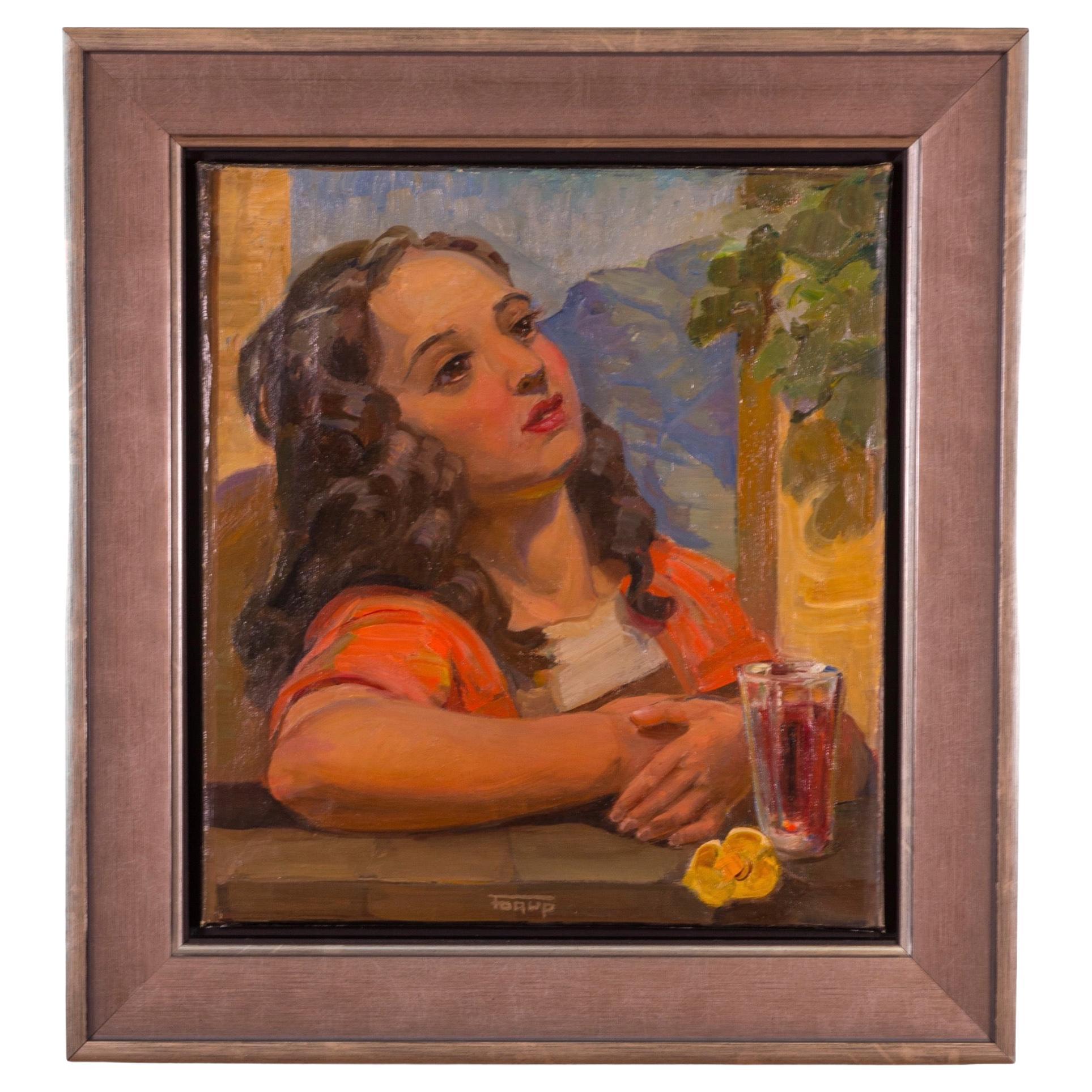 Painting of an Italian Girl in a Mountain Landscape, Early 20th Century For Sale