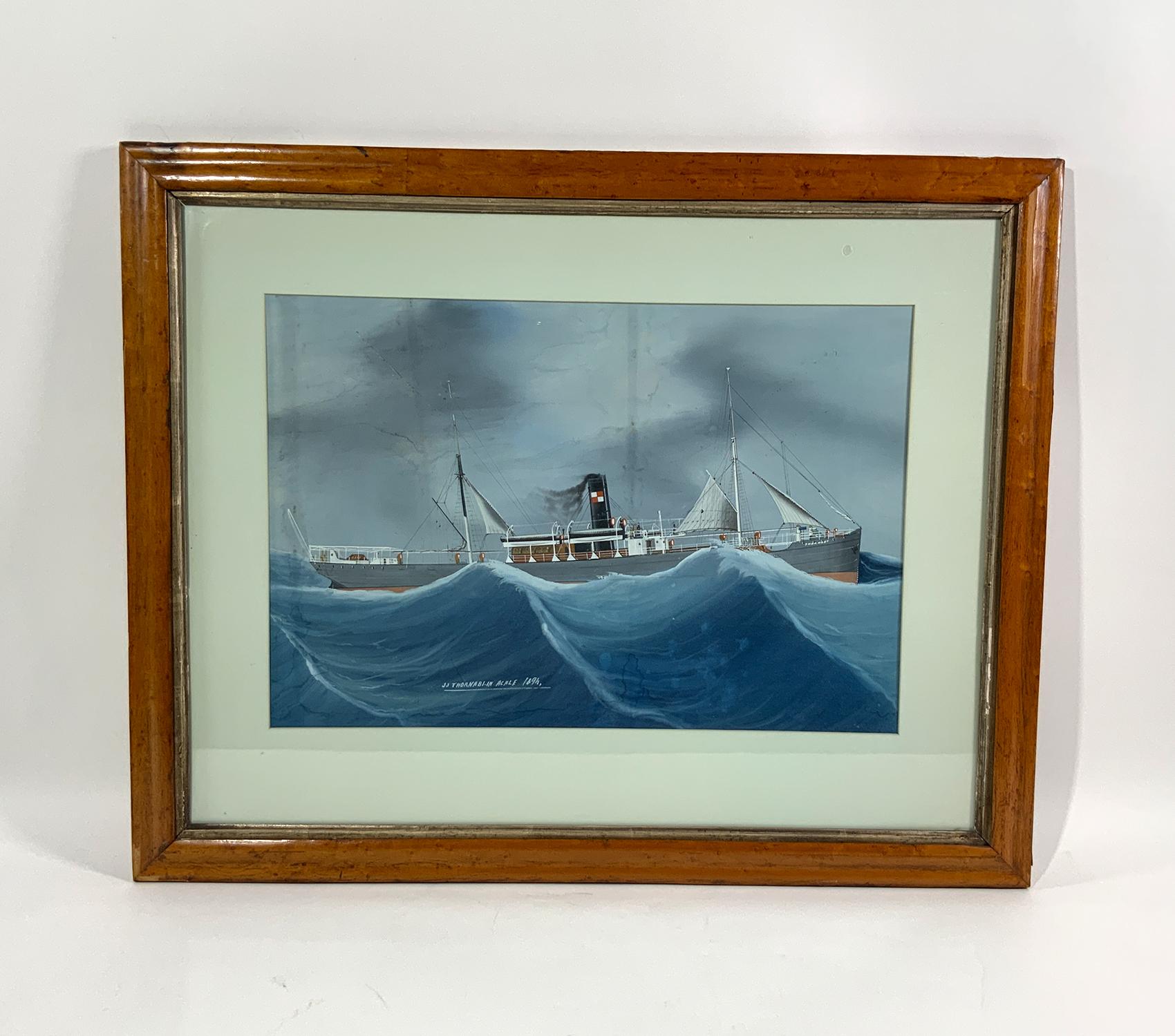 Gouache painting showing snowing the English built Cargo Steamer S.S. Thornaby. The ship was built by Ropner Shipbuilding at Stockton on tees in 1889. She hit a mine and sank in 1916 by the German submarine UC-3. The ship has a grey hull with salmon