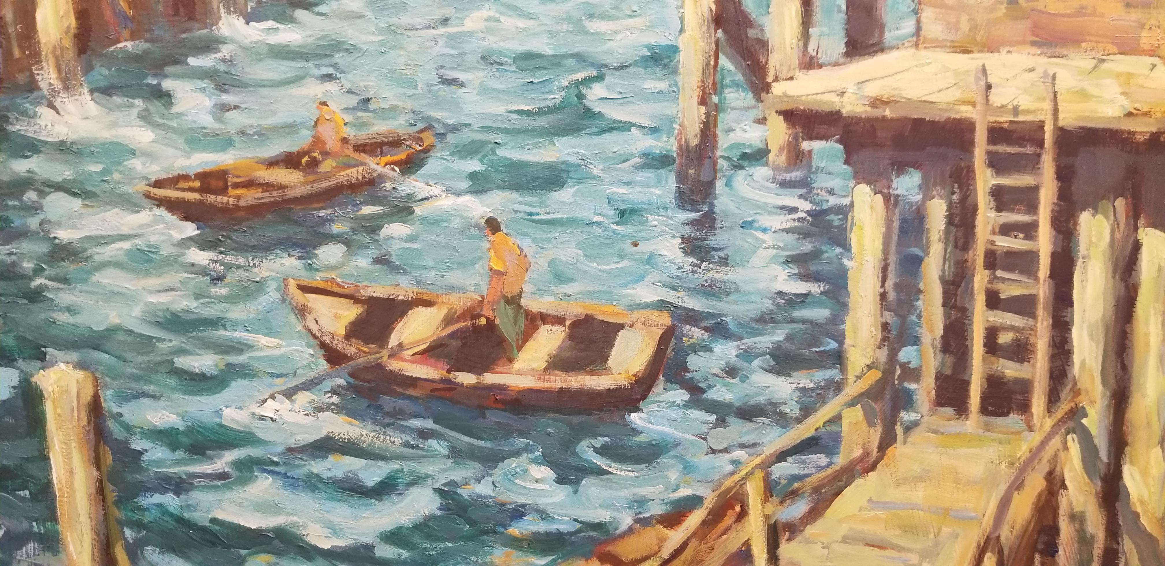 Painting of Cannery Row, Monterey by Fred Korburg In Excellent Condition For Sale In Fulton, CA