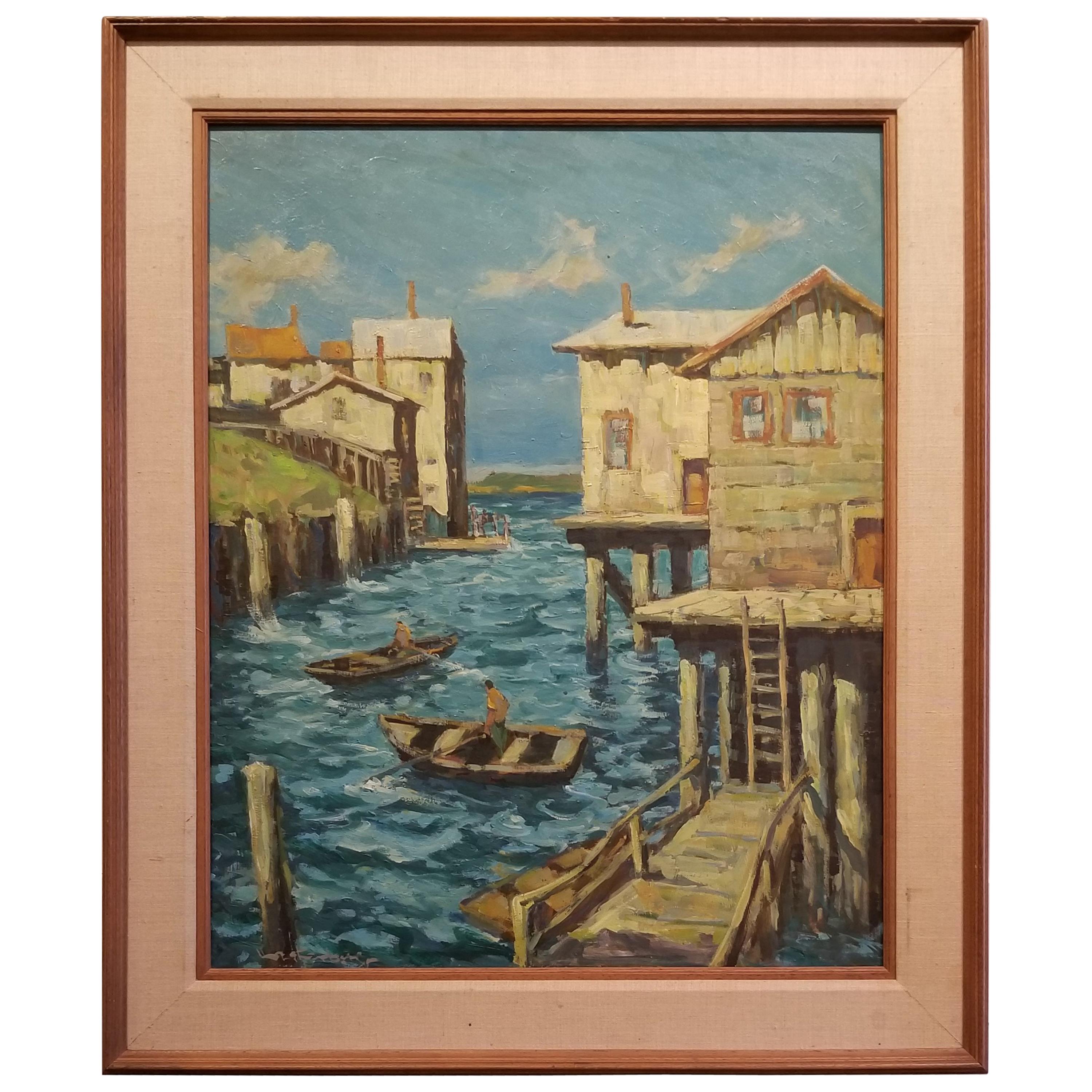 Painting of Cannery Row, Monterey by Fred Korburg For Sale