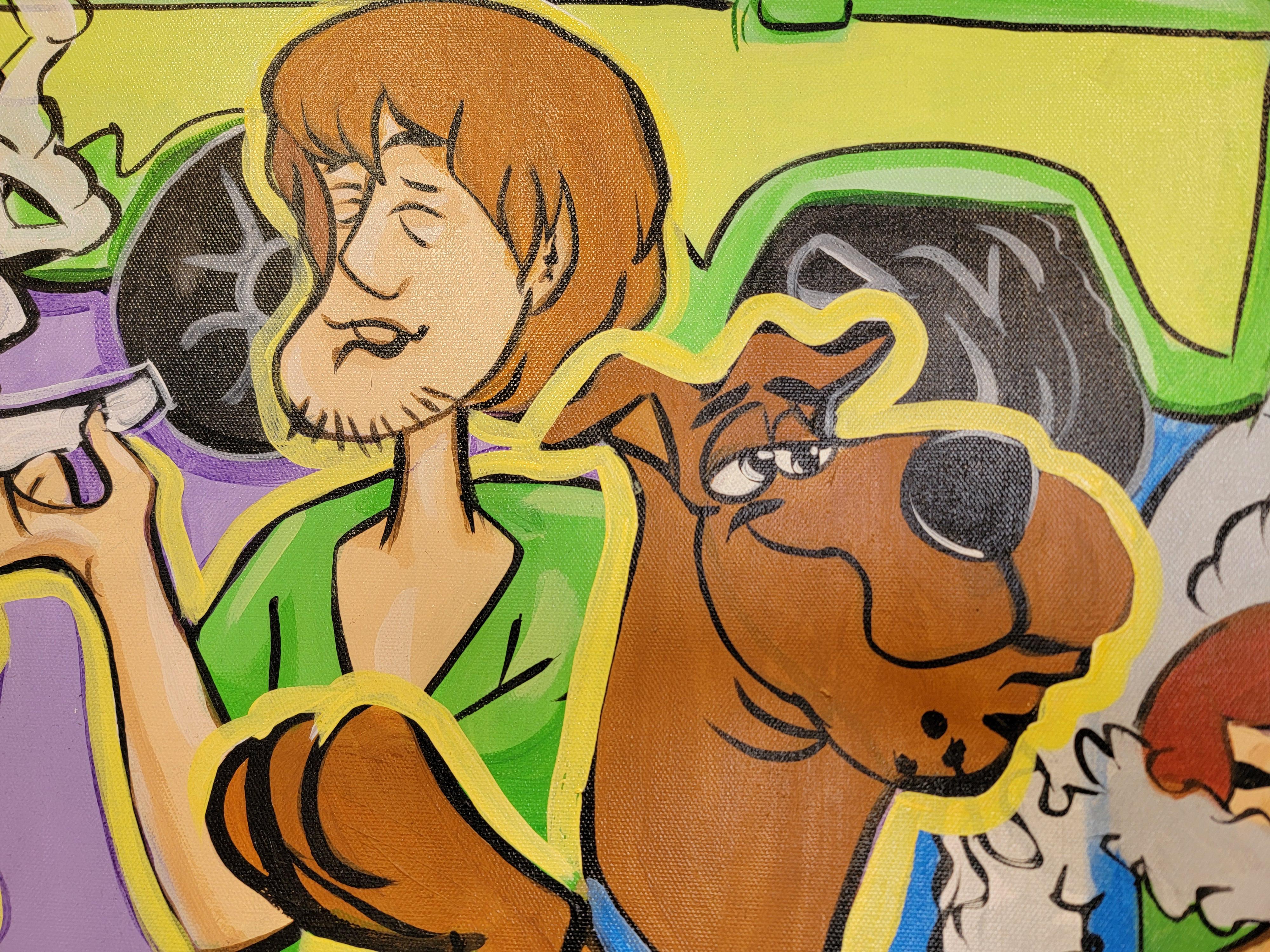 Ein Original-Acrylgemälde auf Leinwand, das eine Parodie auf den Zeichentrickfilm Scooby Doo und seine Darsteller zeigt. Gemalt auf Leinwand mit Holzkeilrahmen. Künstler unbekannt, aber signiert und datiert '14. Ungerahmt.

24 Zoll hoch.
36 Zoll