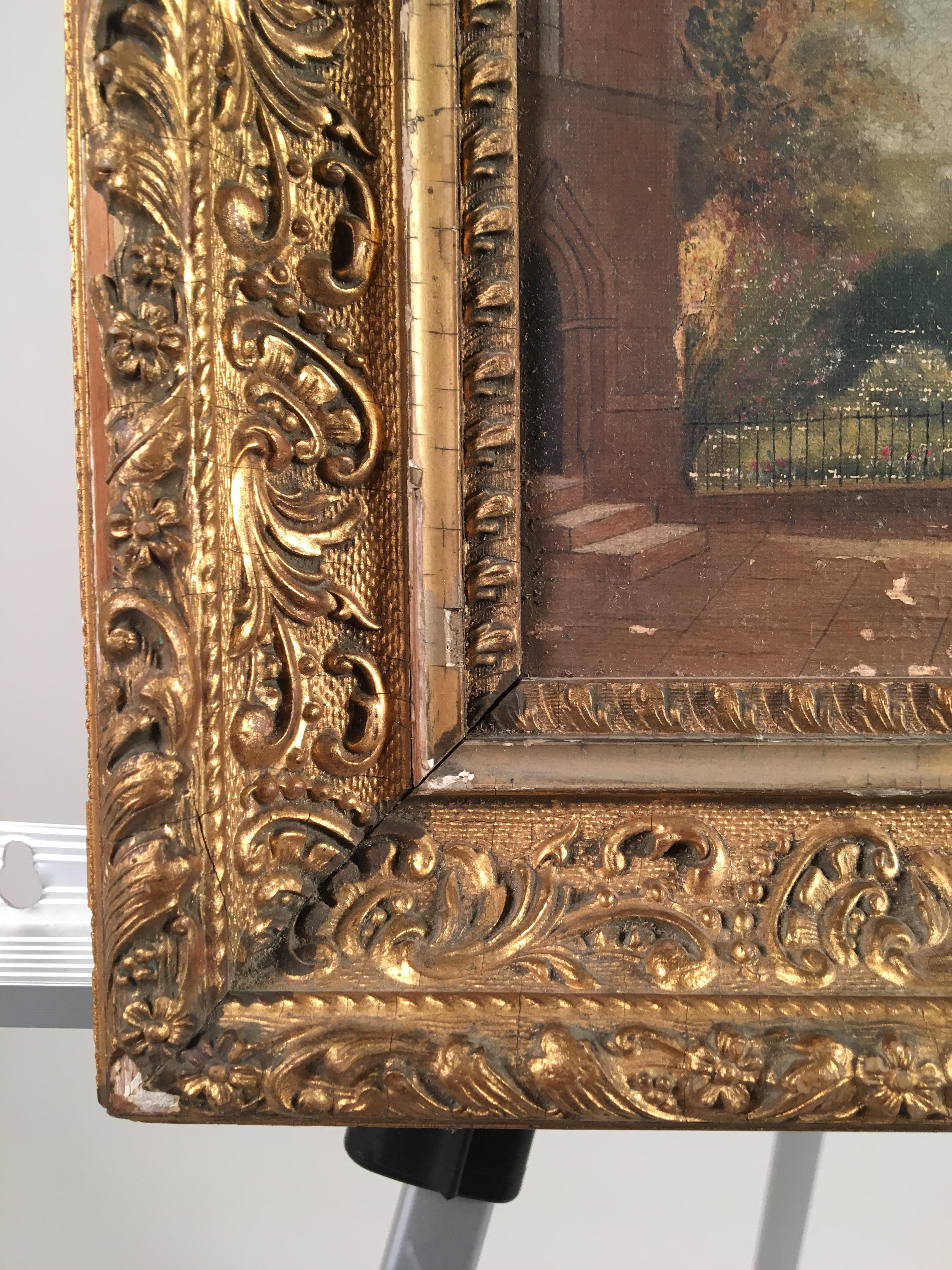 A small oil painting in frame of a church walled garden, mid-late 19th century, French, giltwood frame.