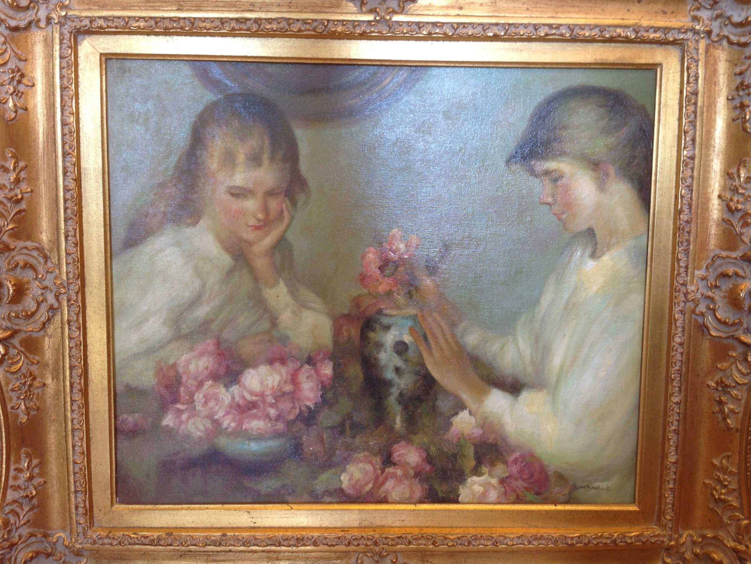 A beautiful study of 2 girls arranging flowers by the well regarded artist.
Overall size in gallery frame is 34