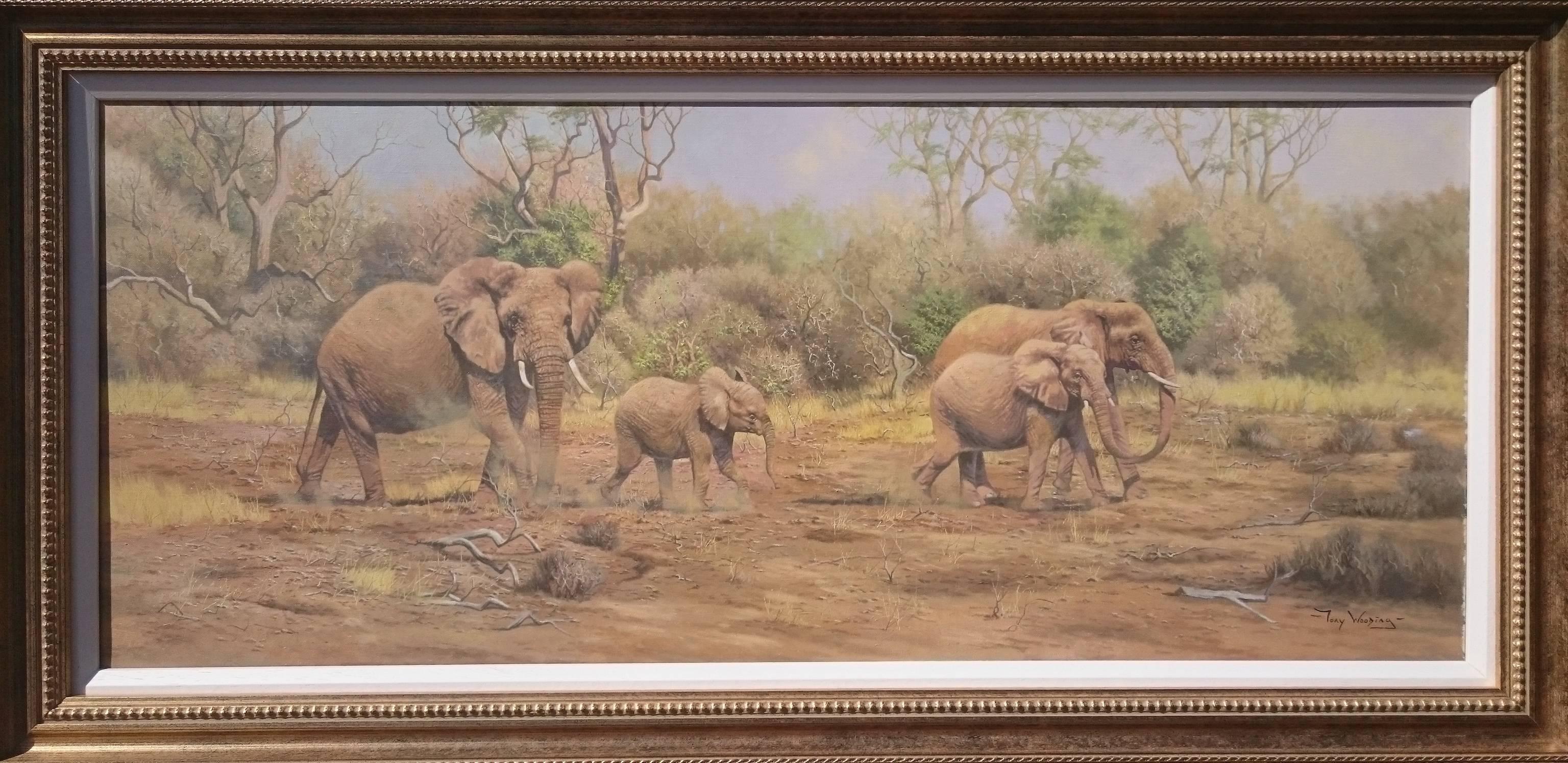 Painting of Elephants in an African Landscape by Tony Wooding In Excellent Condition For Sale In Gloucestershire, GB