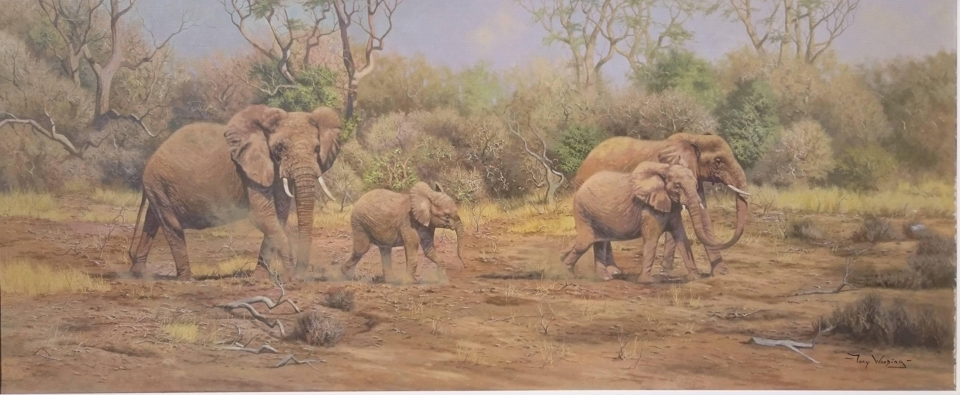 20th Century Painting of Elephants in an African Landscape by Tony Wooding For Sale