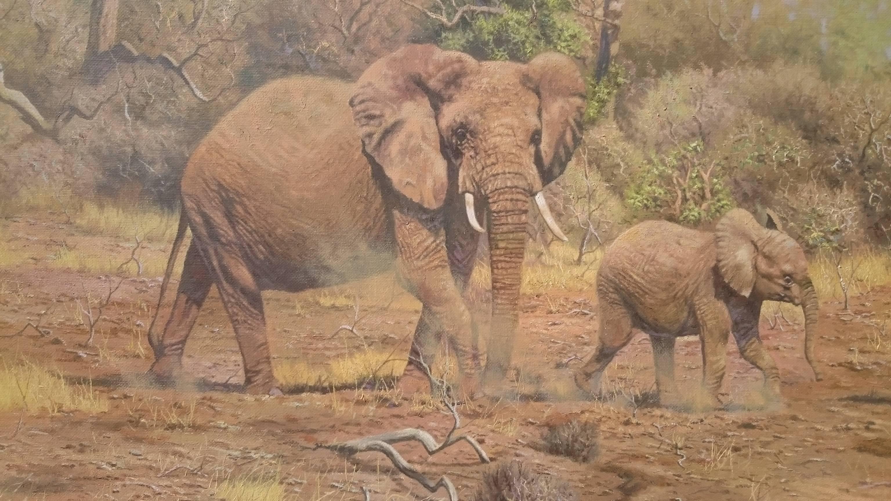 Painting of Elephants in an African Landscape by Tony Wooding For Sale 1