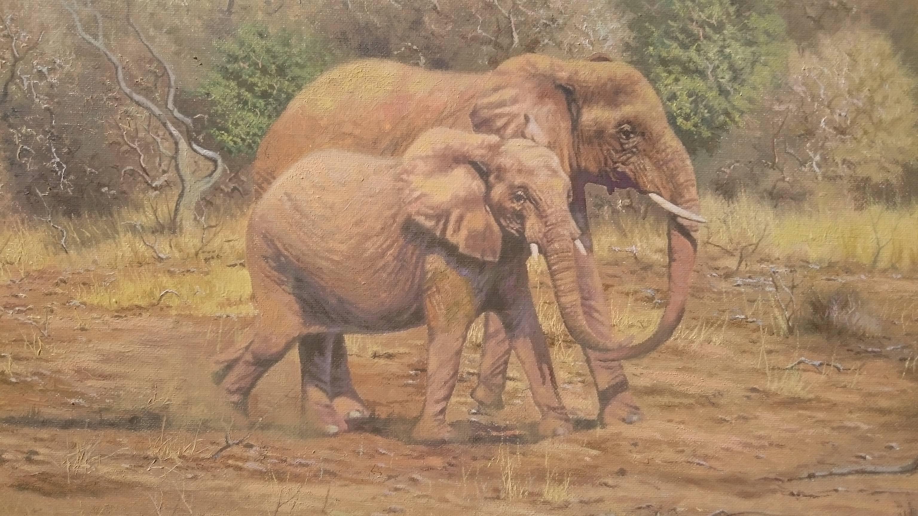 Painting of Elephants in an African Landscape by Tony Wooding For Sale 2