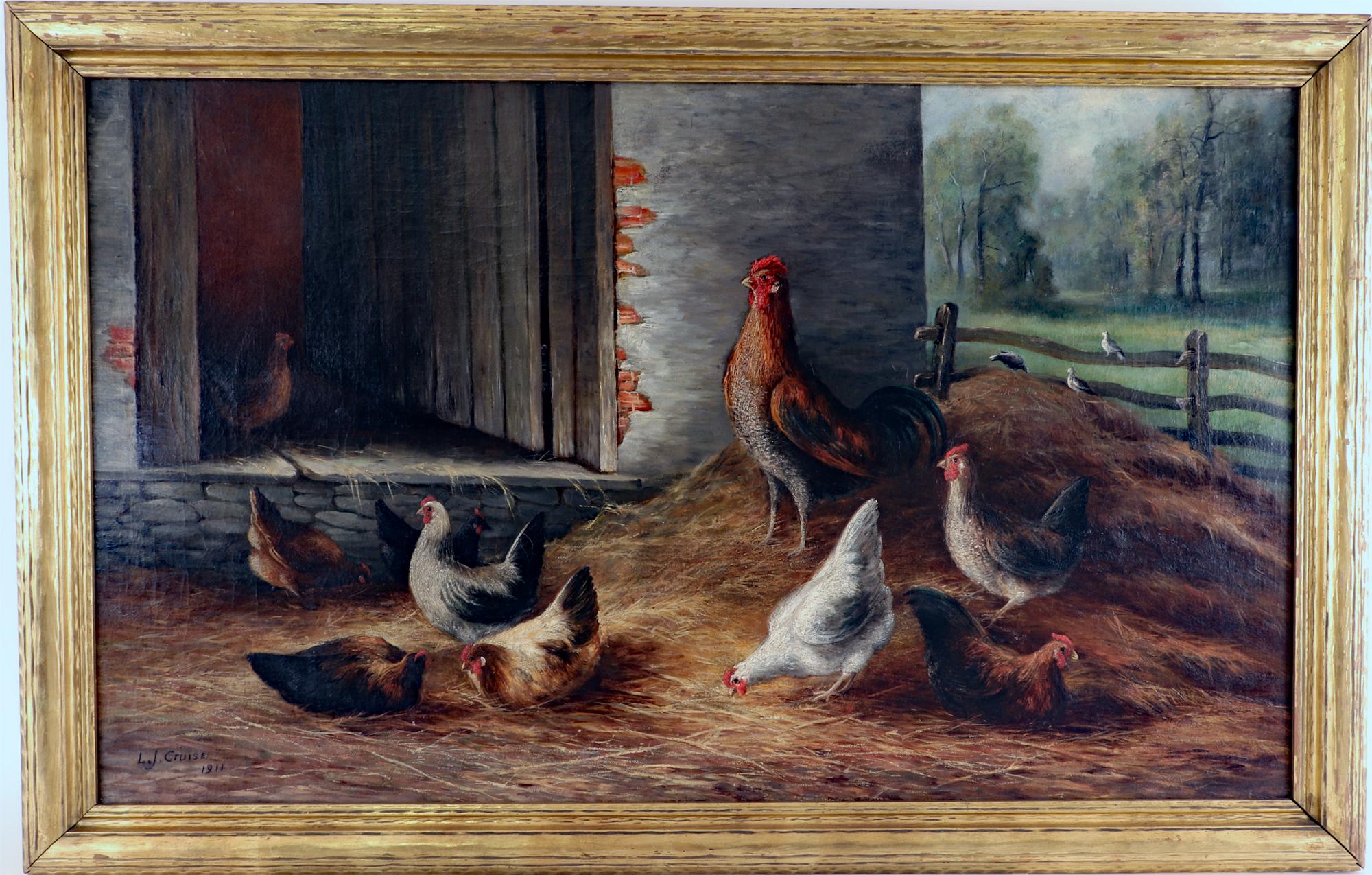 Farmyard Scene with Chickens,
Medium: Oil on canvas,
Signed: L.J. Cruise, 1911, Criuise (1861-1945), Berks County, Pennsylvania

Dimensions: Frame: 35 inches high x 55 31/2 inches wide; sight: 29 inches high x 48 3/4 inches wide

This oil