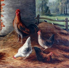 Painting of Farmyard Scene with chickens, Oil on Canvas, Signed L.J. Cruise