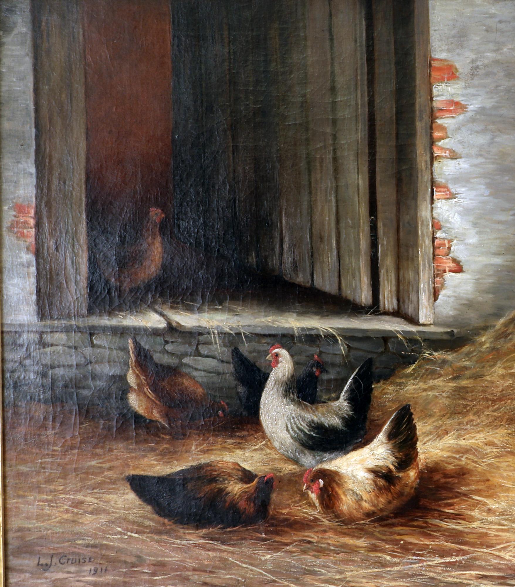 American Painting of Farmyard Scene with chickens, Oil on Canvas, Signed L.J. Cruise For Sale