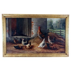 Peinture d
une scène de ferme avec des poulets, huile sur toile, signée L.J. Croisière