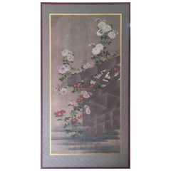 Antique Painting of Fence and Flowers Screen Japan Panel
