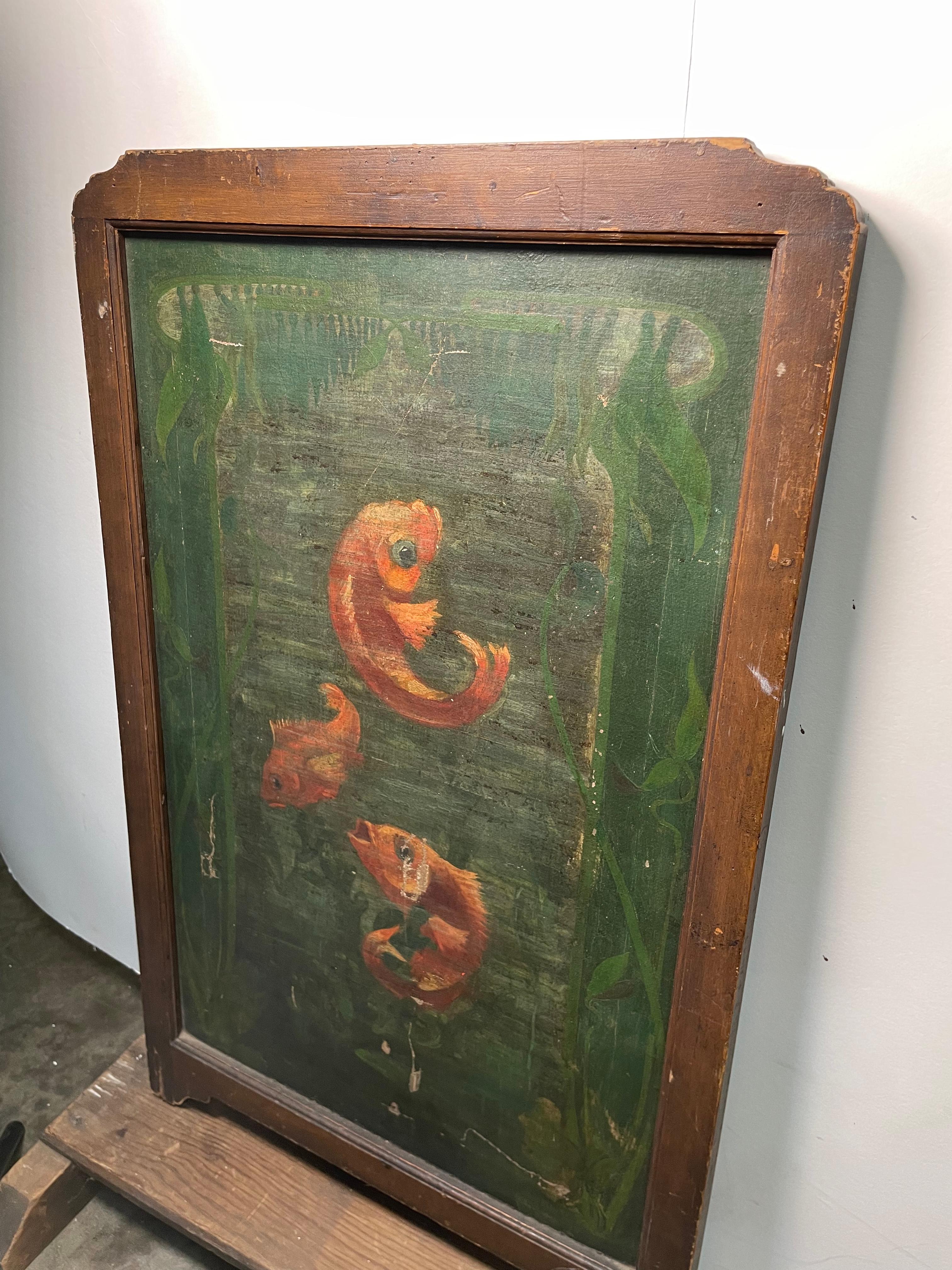 This painting of playful fish was created in the 19th century in Italy. It has the original frame, made with oil paint, and no alterations or restorations. You can see there are vibrant orange fish swimming in a mossy green lake, the contrast makes