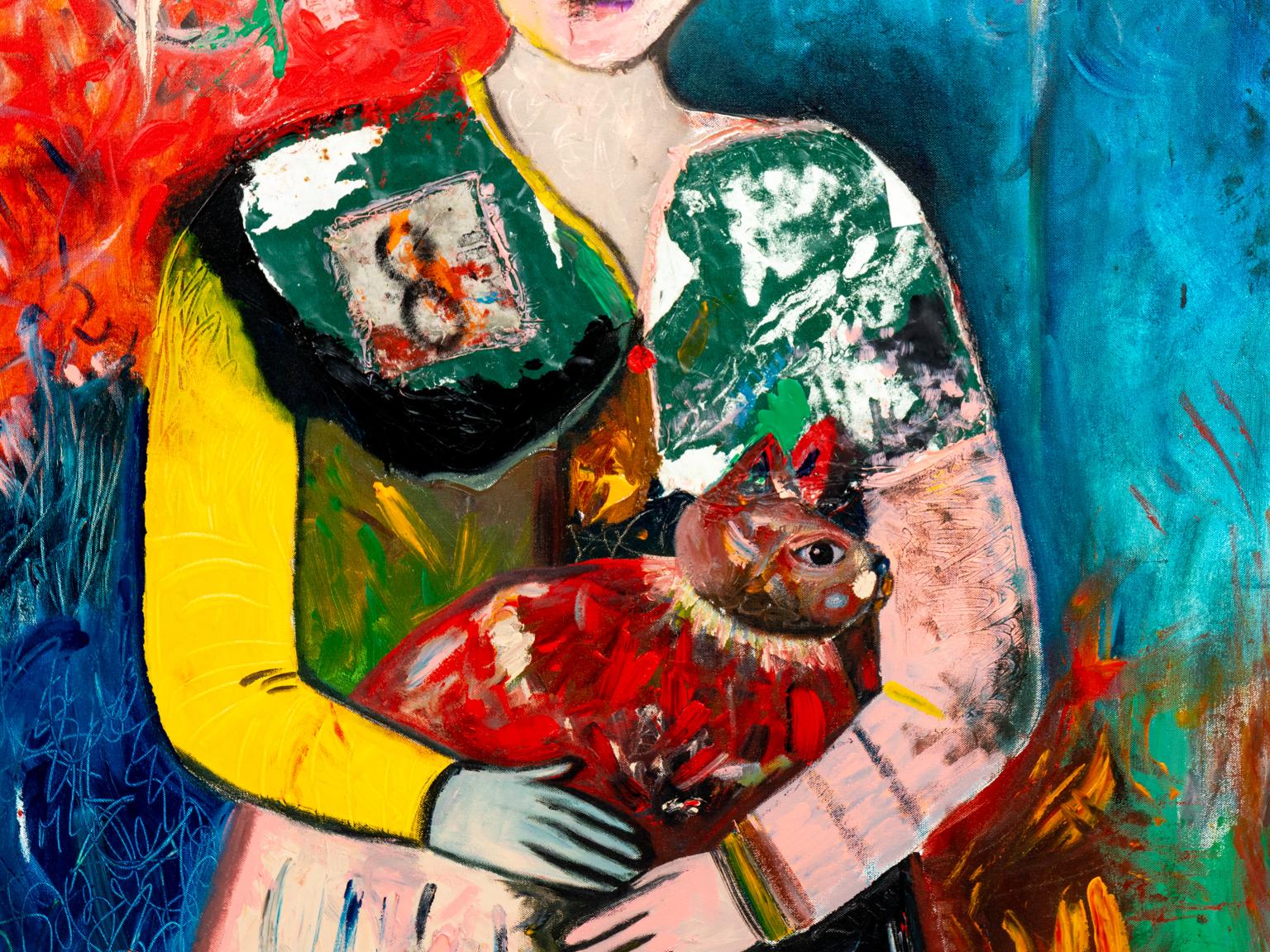 Contemporary polychrome painting of girl with cat by Alison Silva. The painting is in the medium acrylic and mixed-media on canvas. Please note of wear consistent with age.