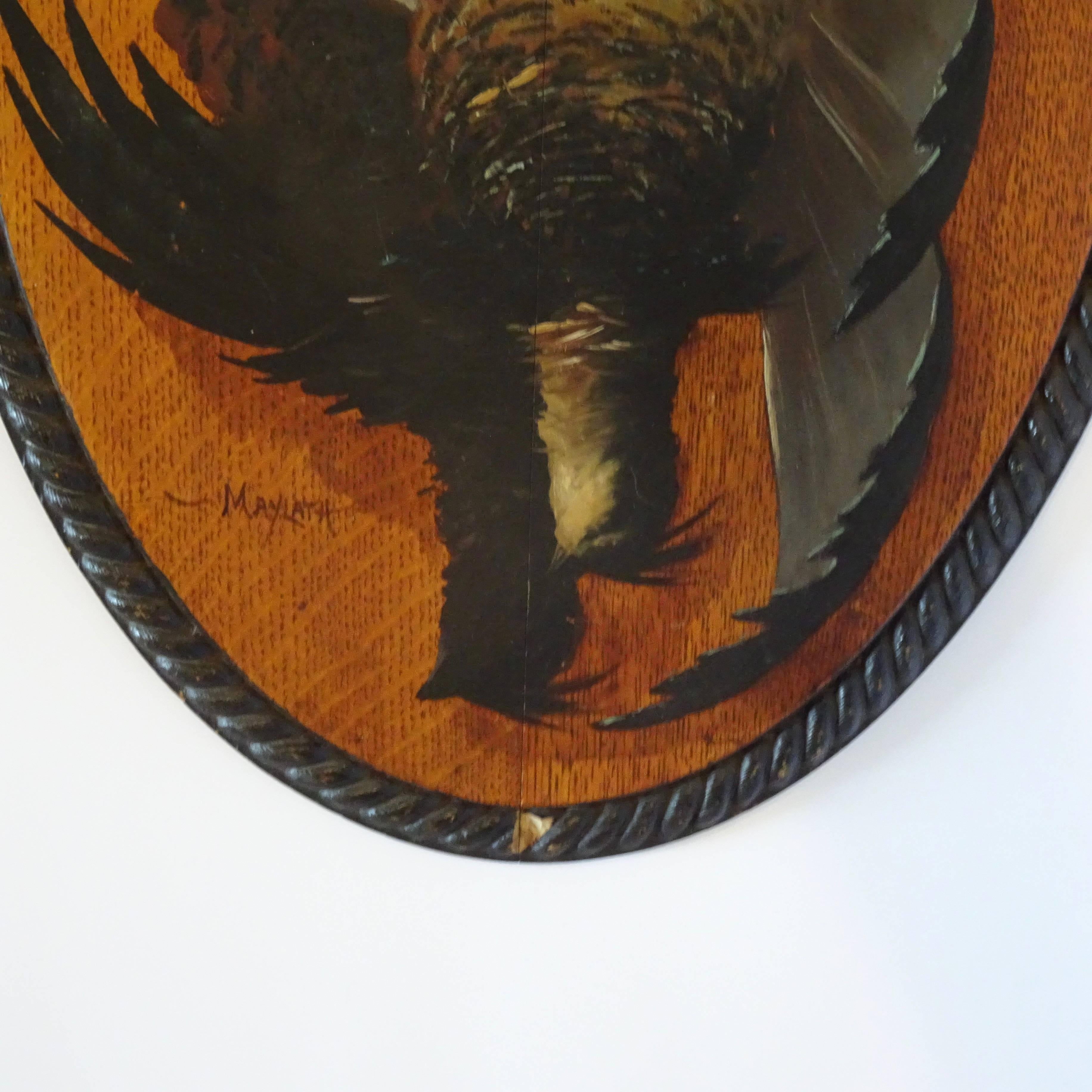 American  Painting of Hanging Game Bird on Oval Shaped Wood Plaque by Maylath