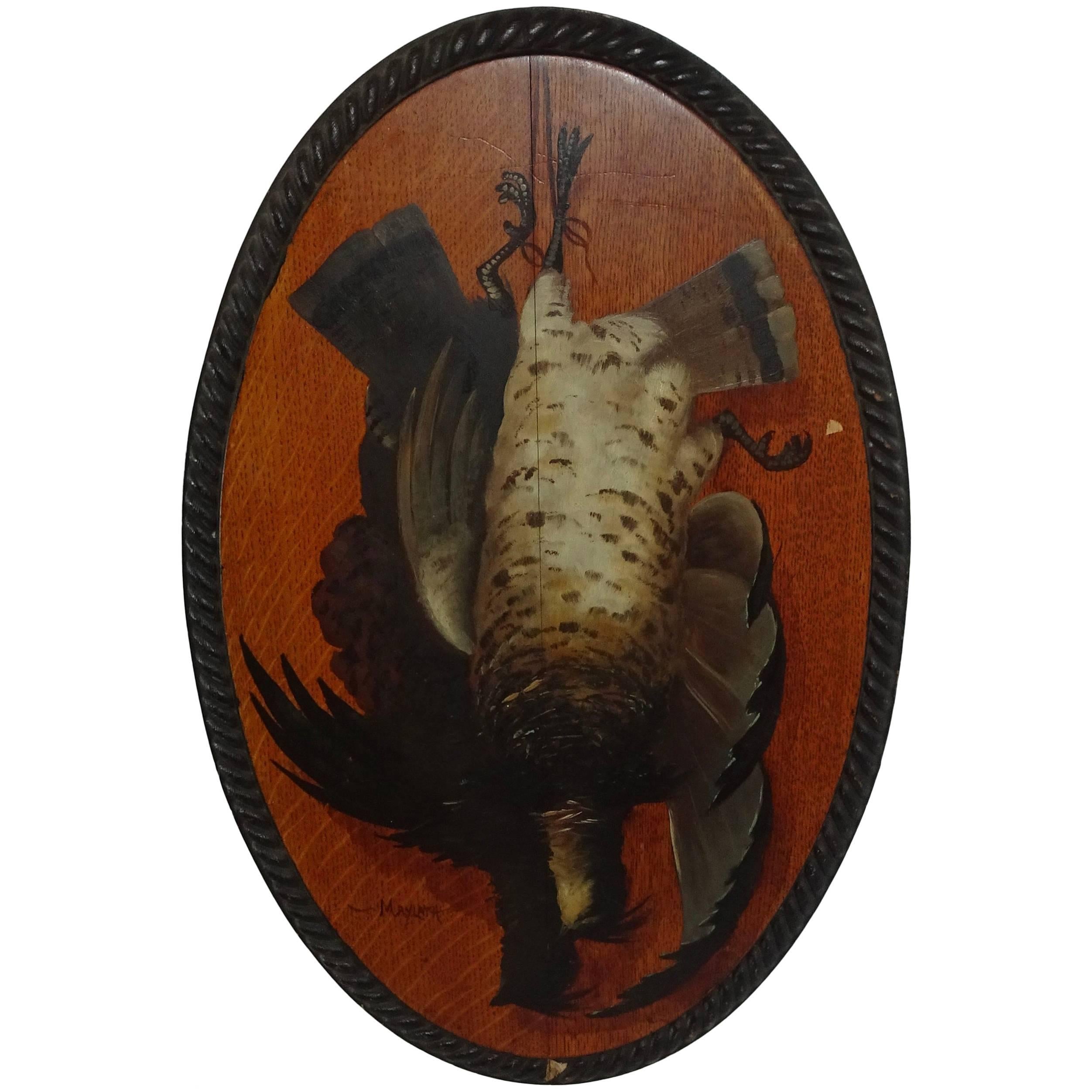  Painting of Hanging Game Bird on Oval Shaped Wood Plaque by Maylath