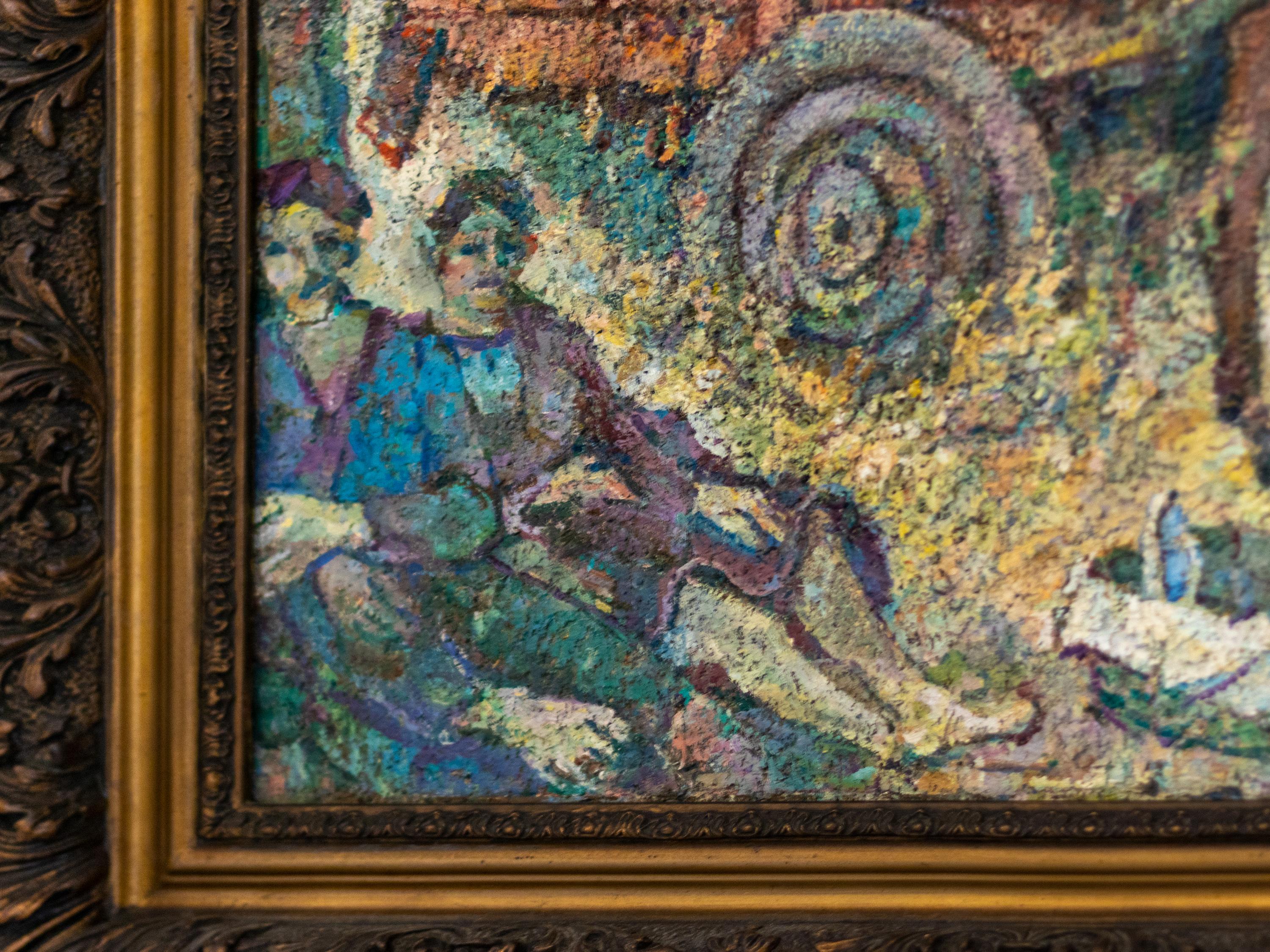 Pintura de estilo puntillista de una apacible escena campestre con un carro lleno de heno, firmada por el pintor modernista portugués Agostinho de Mello Júnior, también conocido como Mello Junior.

Agostinho de Mello Júnior (1914-2002) es natural de