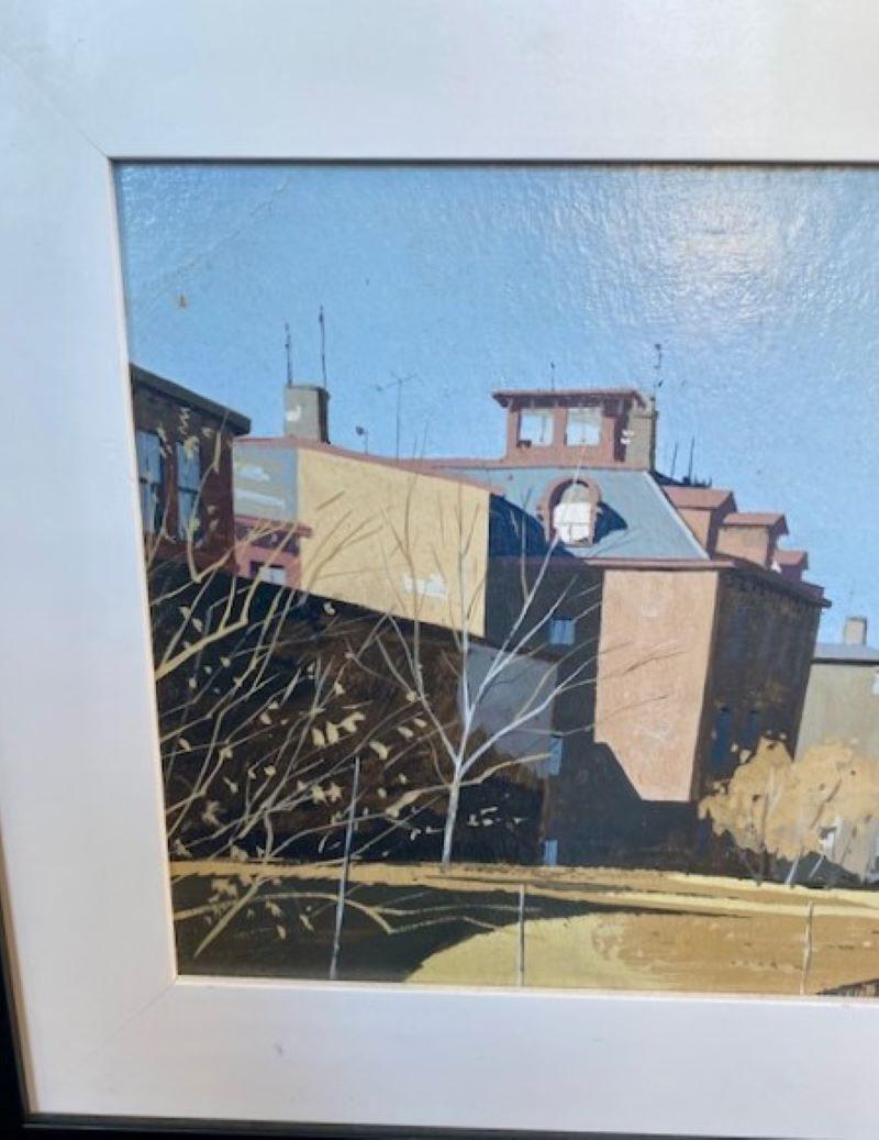Urban Landscape of Historic North End of Boston, by John Austin (Nantucket: 1918 - 2000), circa 1990s, a tempera on board urban landscape painting with Austin's classic perspective on the gritty modern age, but here with a soft ghostly image of the