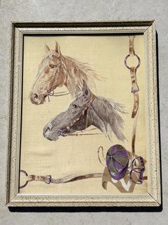 Painting of horses, silk technique, France, 1970