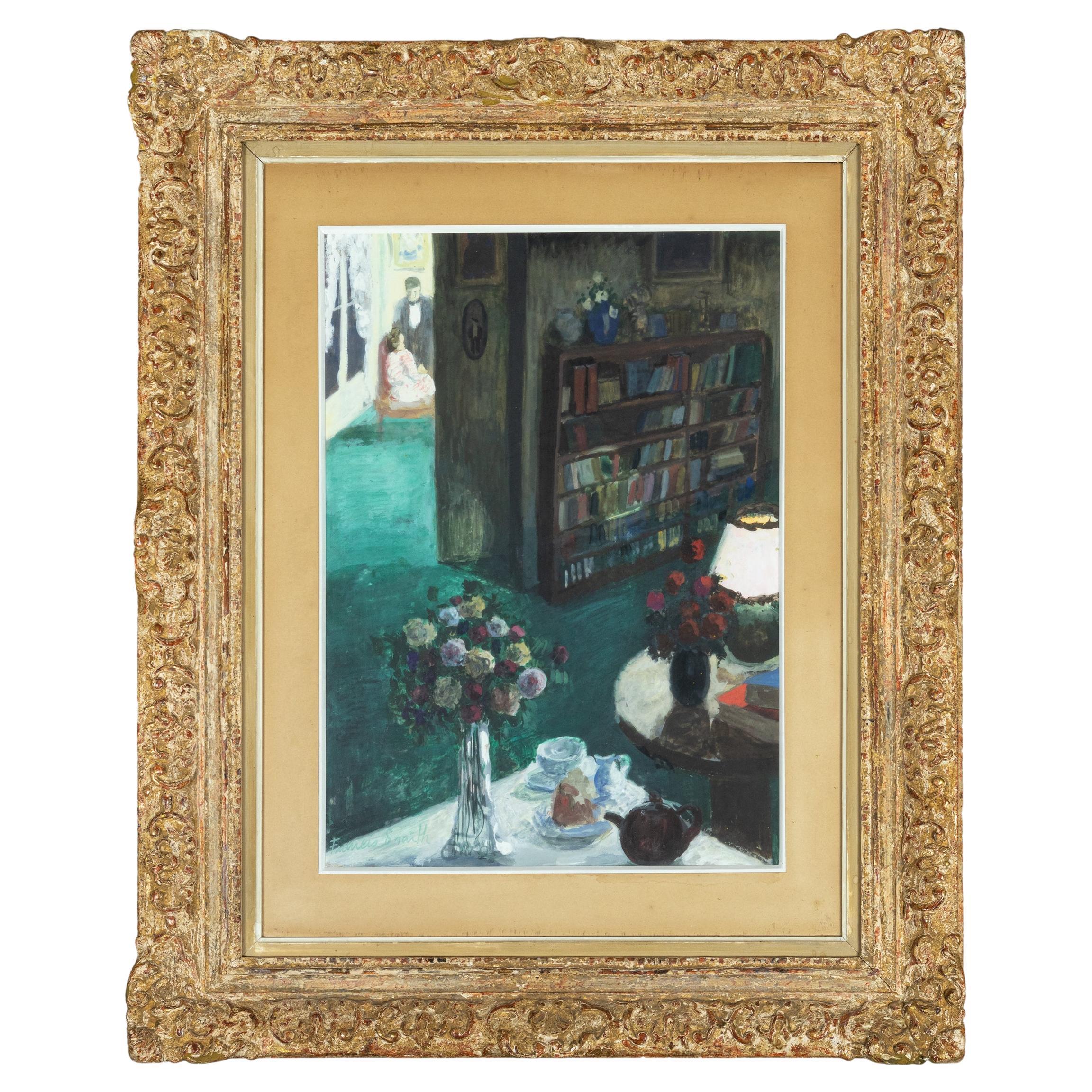 Painting Of Library By Francis Smith, Modernism, Oil on Paper, 20th Century For Sale