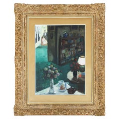 Vintage Painting Of Library By Francis Smith, Modernism, Oil on Paper, 20th Century
