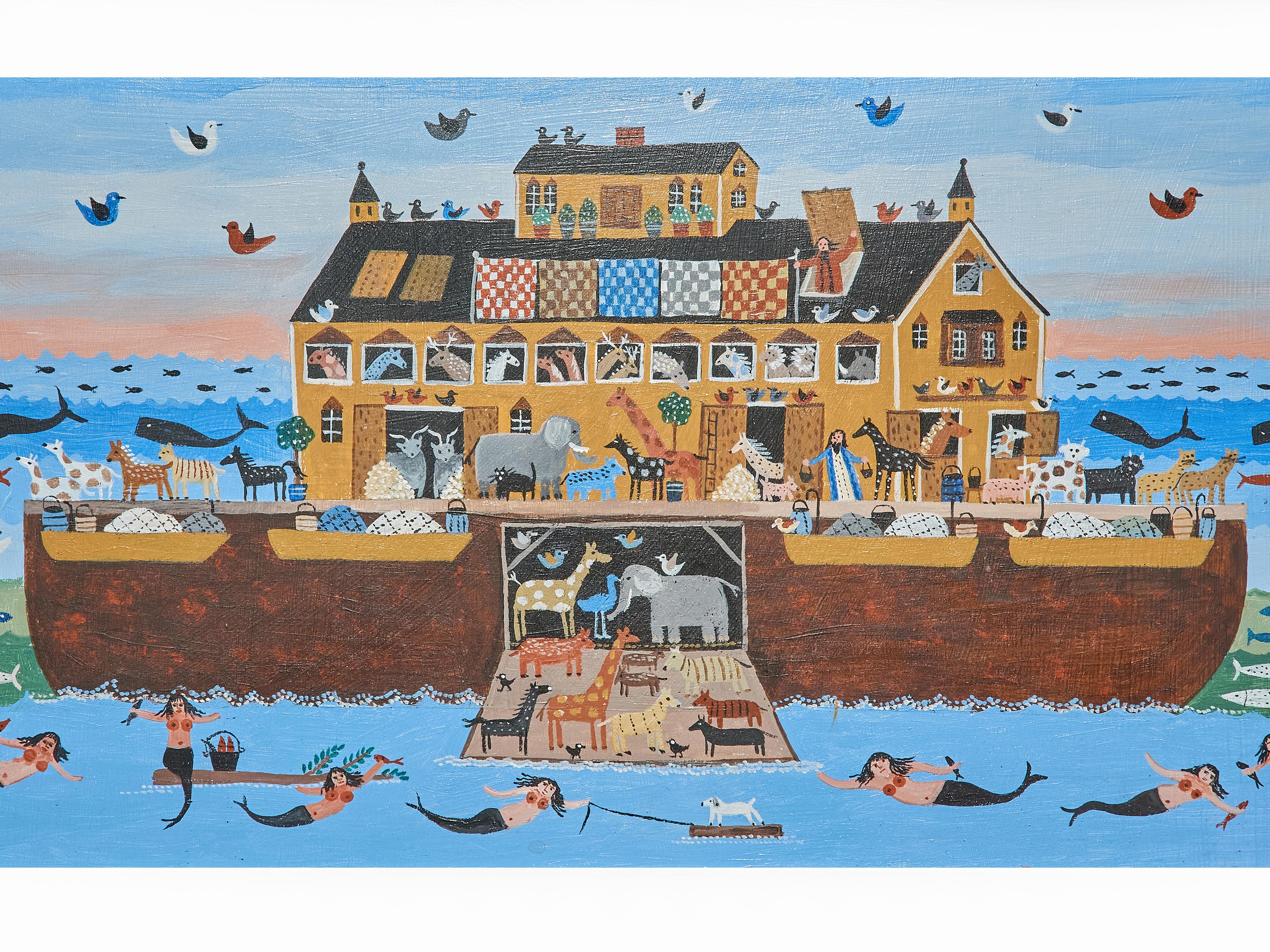 Colorful painting of Noah's Ark and mermaids by listed Massachusetts Nautical folk artist Rosebee (1932-2016).
Beautiful colors in acrylic on panel in excellent condition. She used her paintings to share the history of her family and the