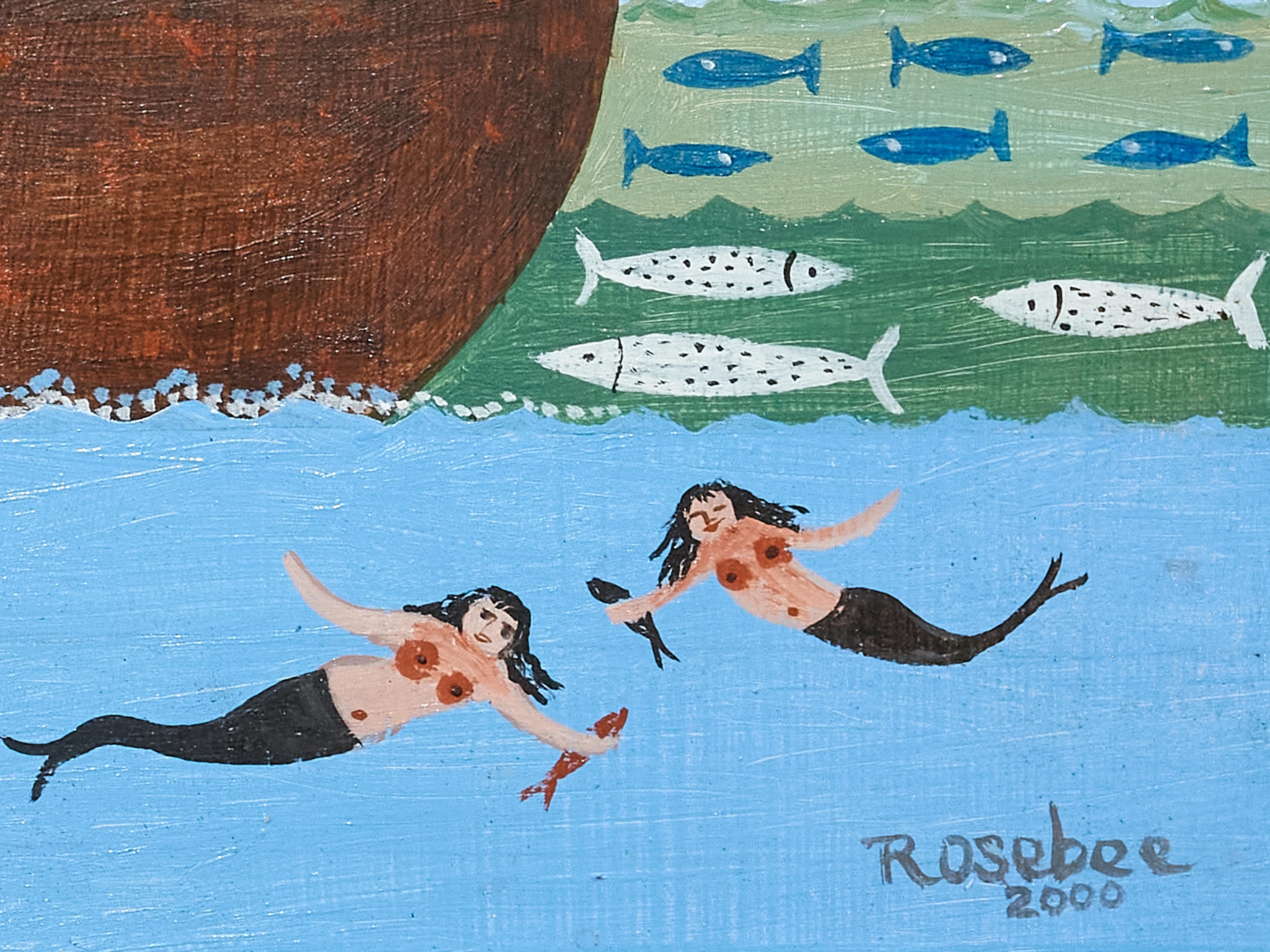 Hand-Painted Painting of Noah's Ark and Mermaids, Signed Rosebee, 2000